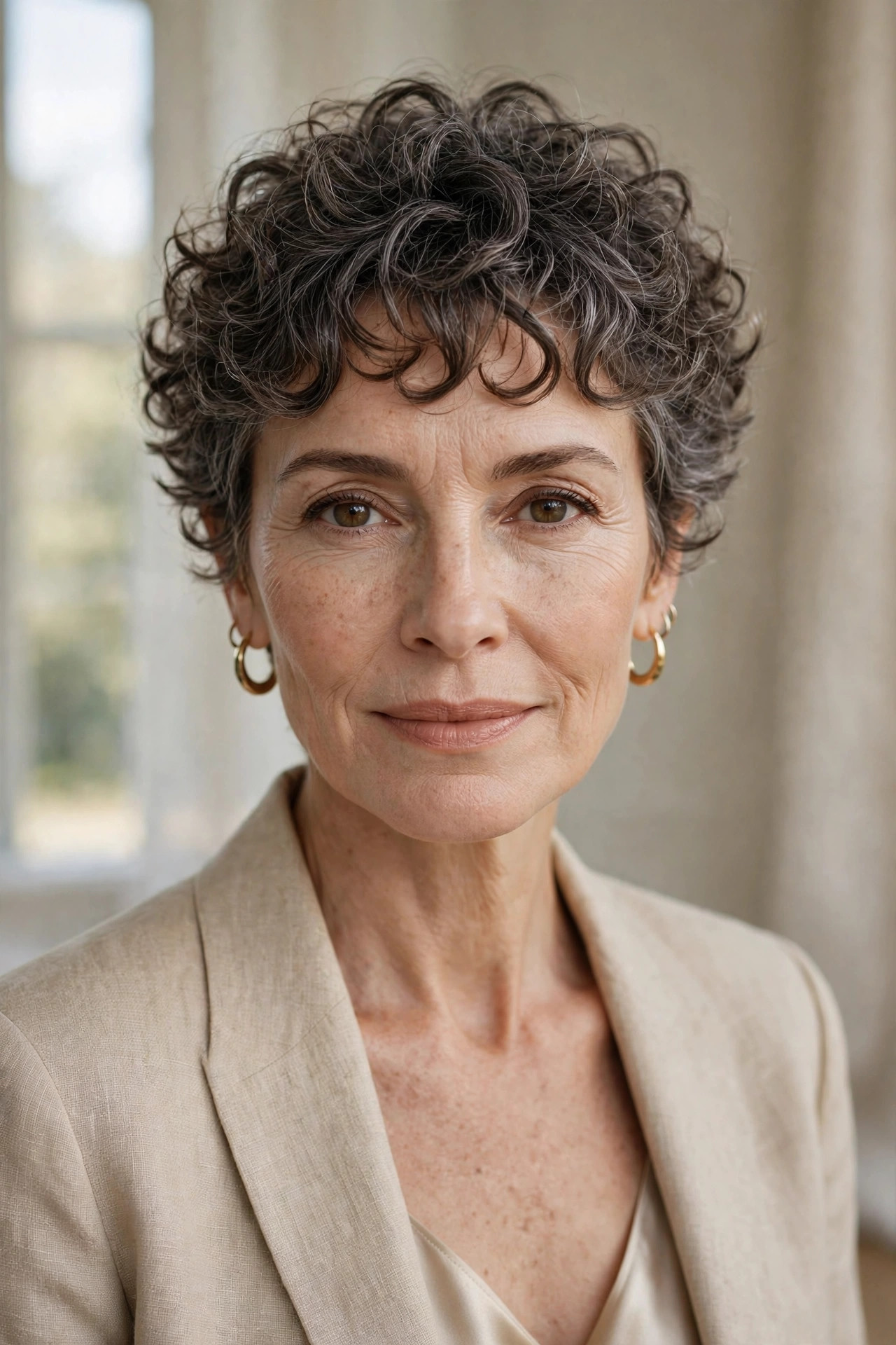 Elegant woman in her 50s with curly pixie and soft curl fringe