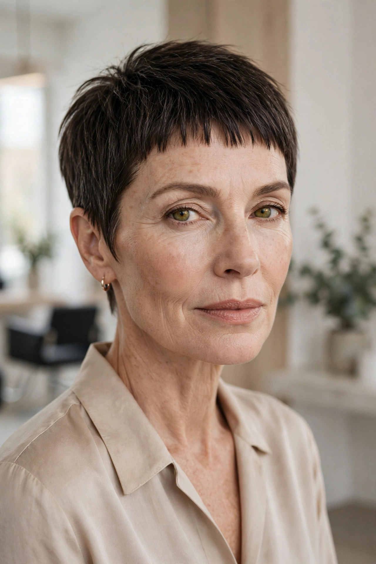 Elegant woman in her 50s with boyish crop and micro baby bangs