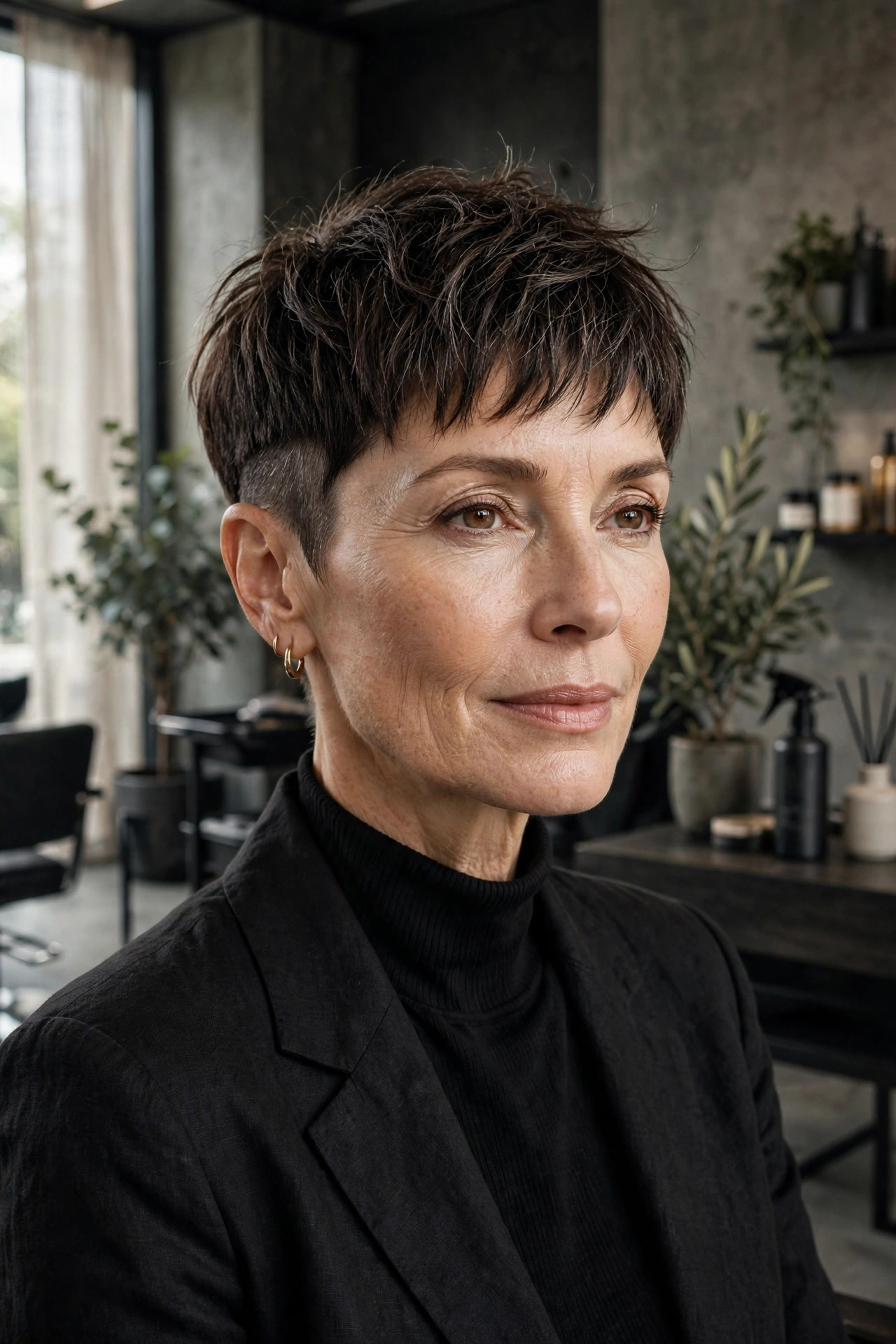 Elegant woman in her 50s with undercut pixie and textured fringe