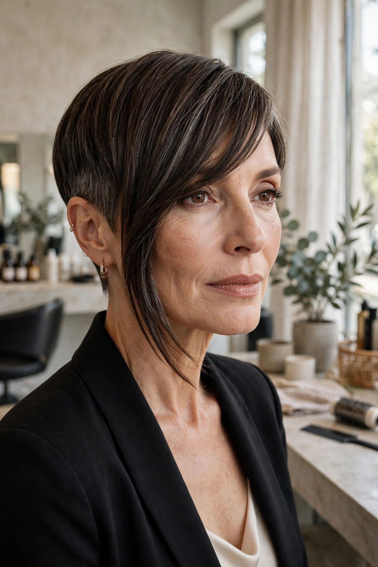 Elegant woman in her 50s with asymmetric pixie and long side bangs