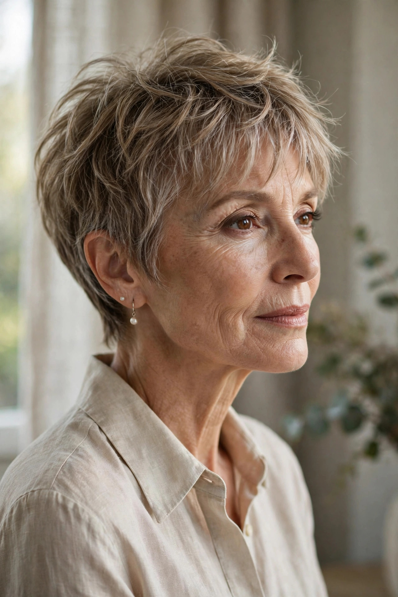 Elegant woman in her 50s with feathered pixie and wispy bangs