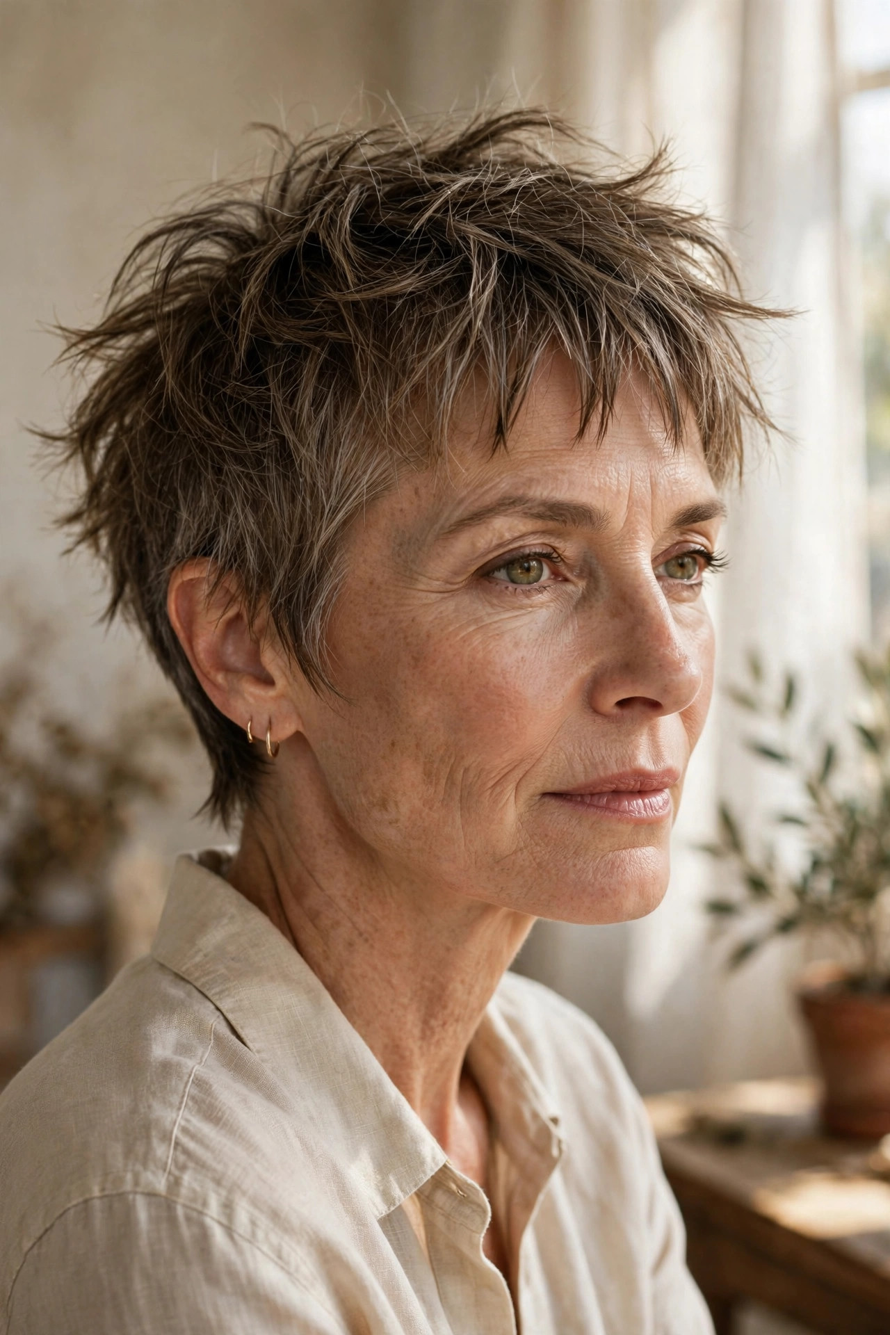Elegant woman in her 50s with messy crop and jagged fringe