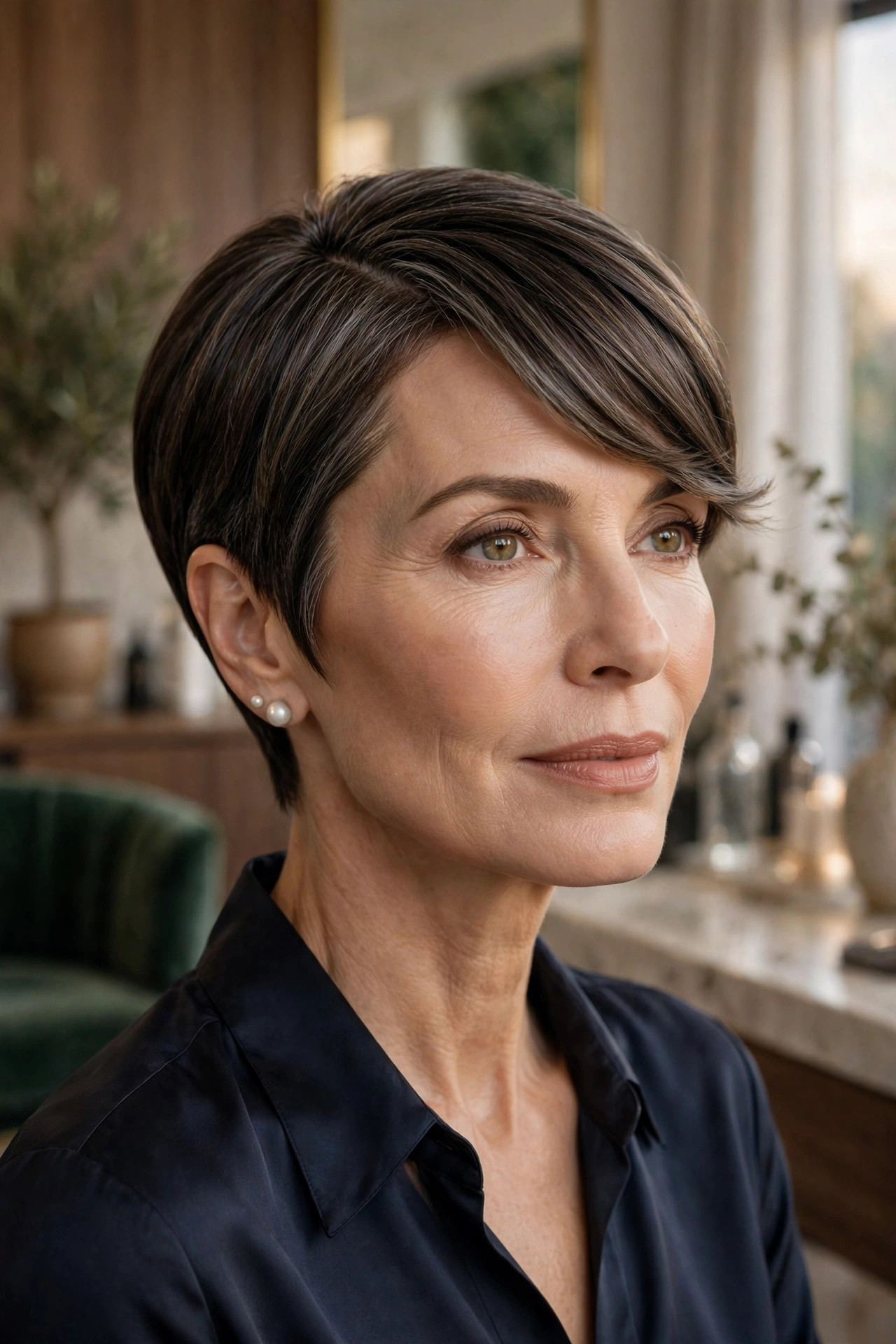 Elegant woman in her 50s with polished pixie and side-swept fringe