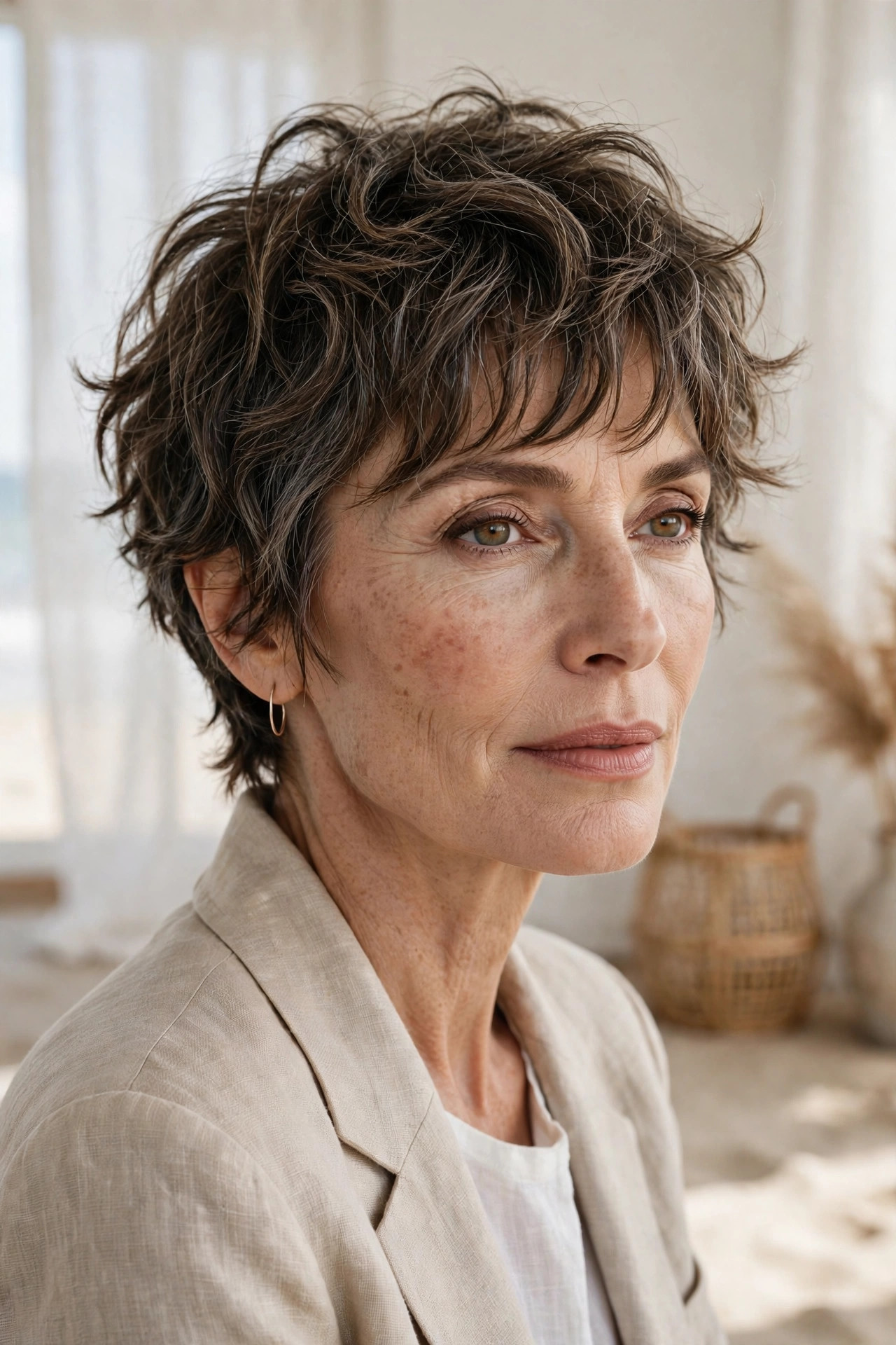 Elegant woman in her 50s with wavy pixie and tousled bangs