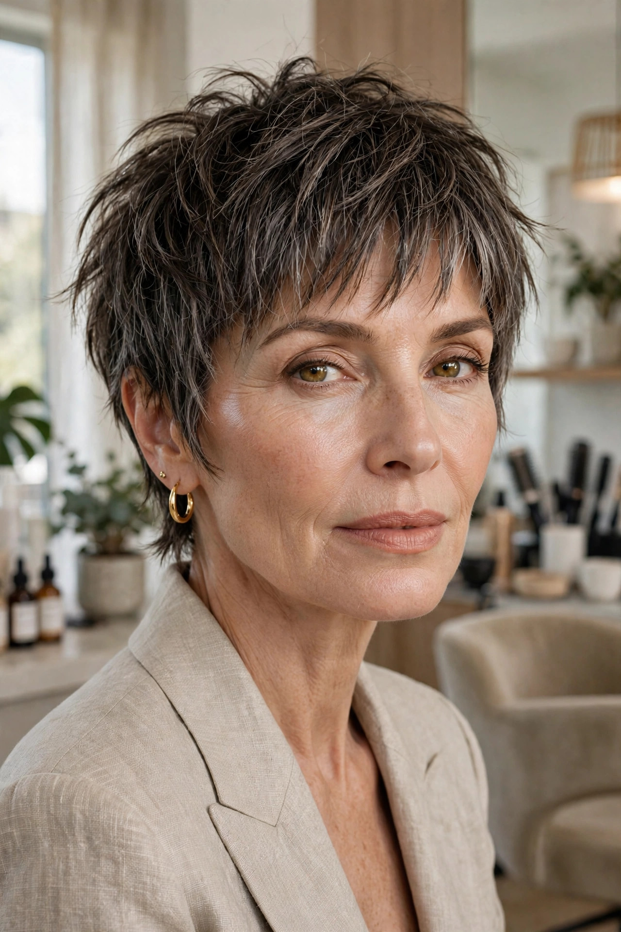 Elegant woman in her 50s with pixie shag and broken fringe
