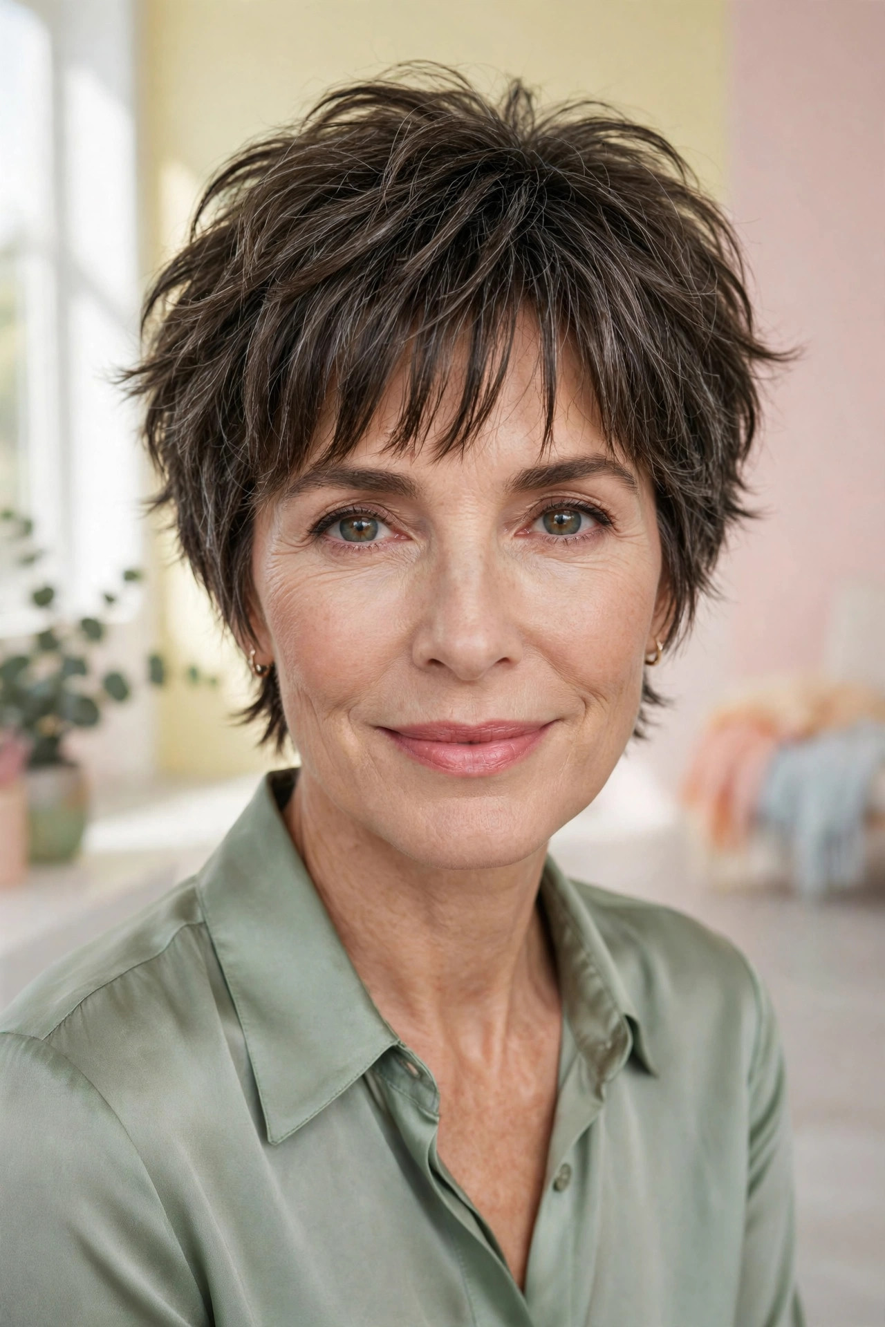 Elegant woman in her 50s with cropped shag and parted front bangs