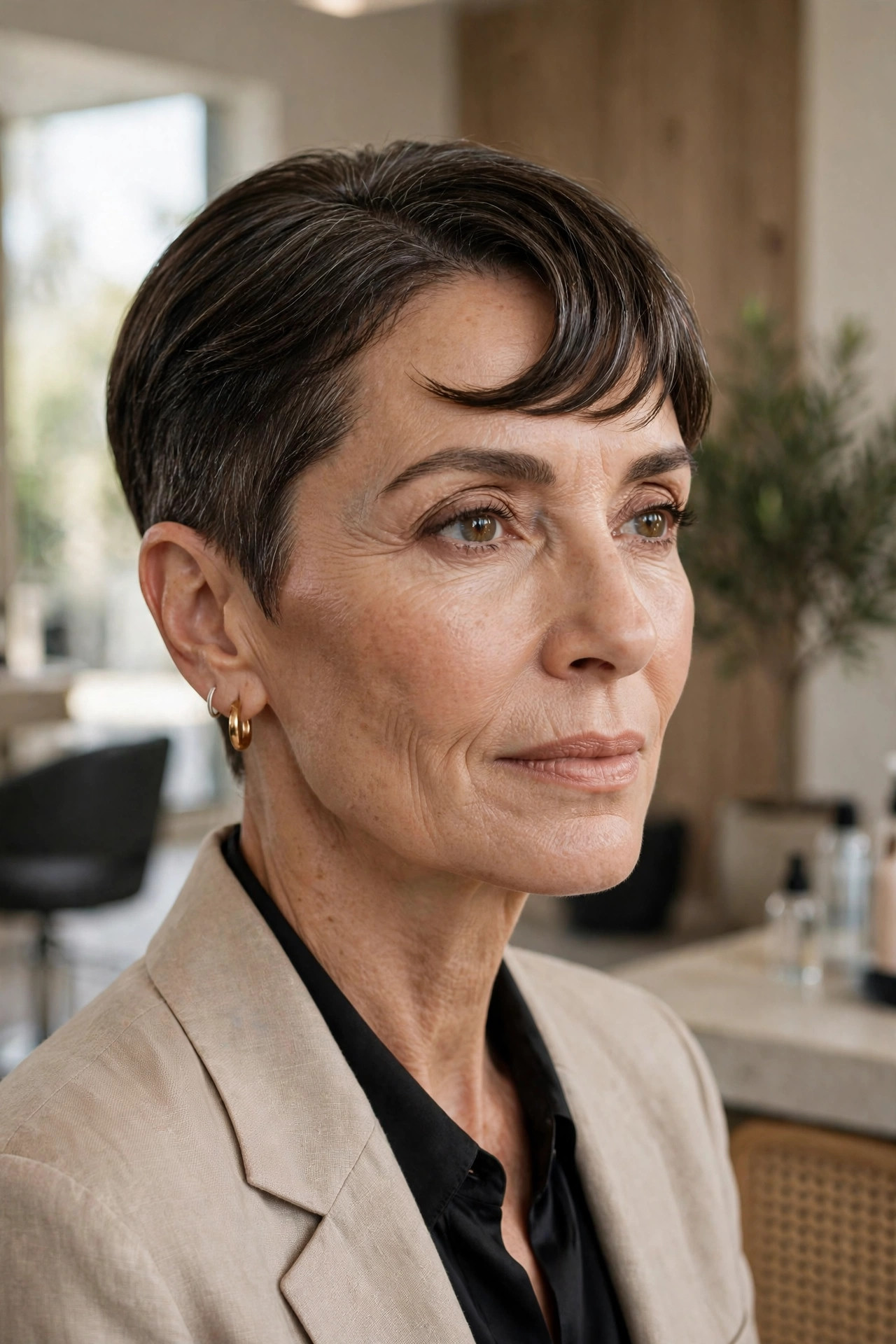 Elegant woman in her 50s with tapered crop and curved fringe