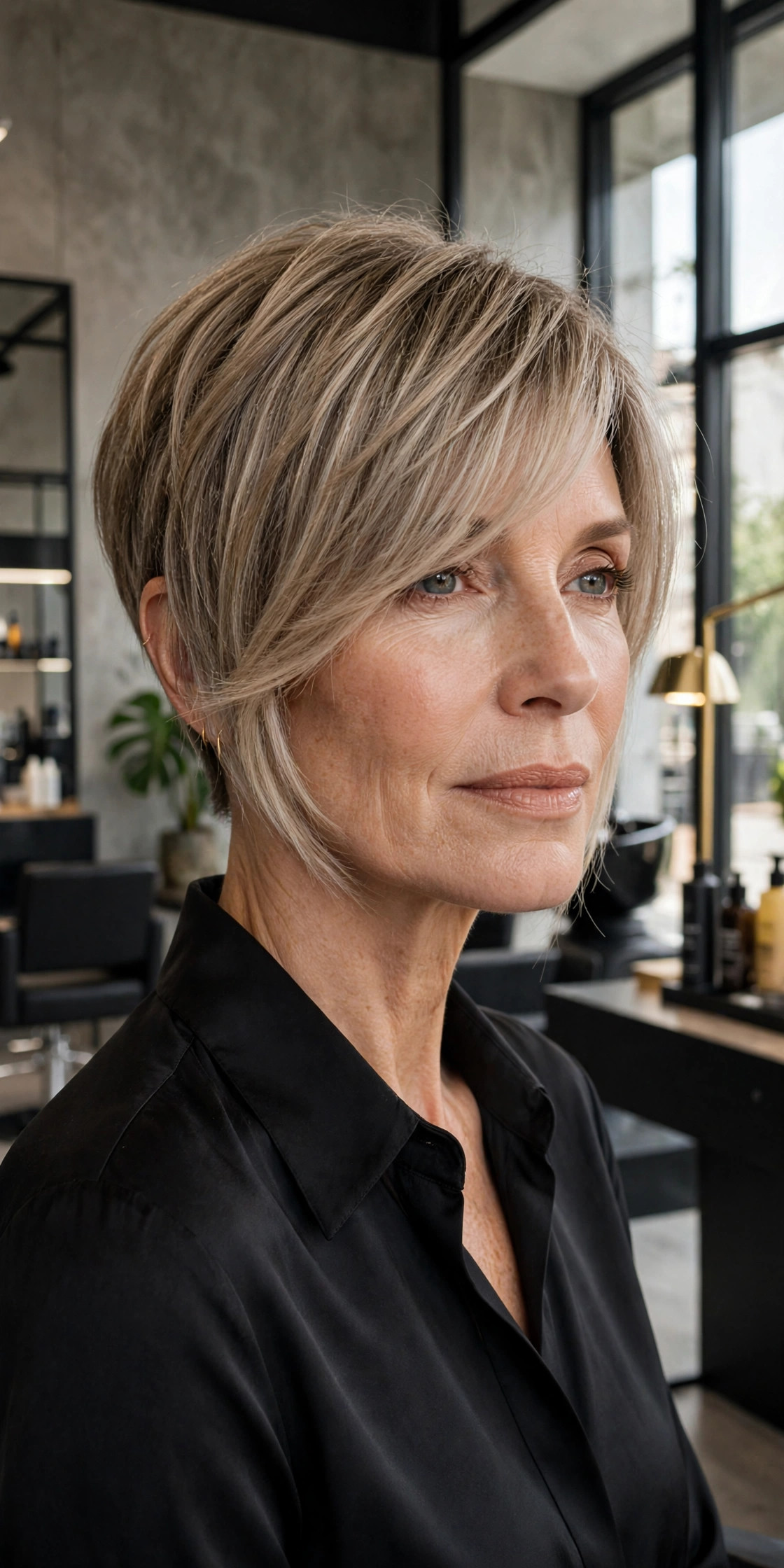 Elegant woman in her 50s with buzzed-nape pixie and long top bangs