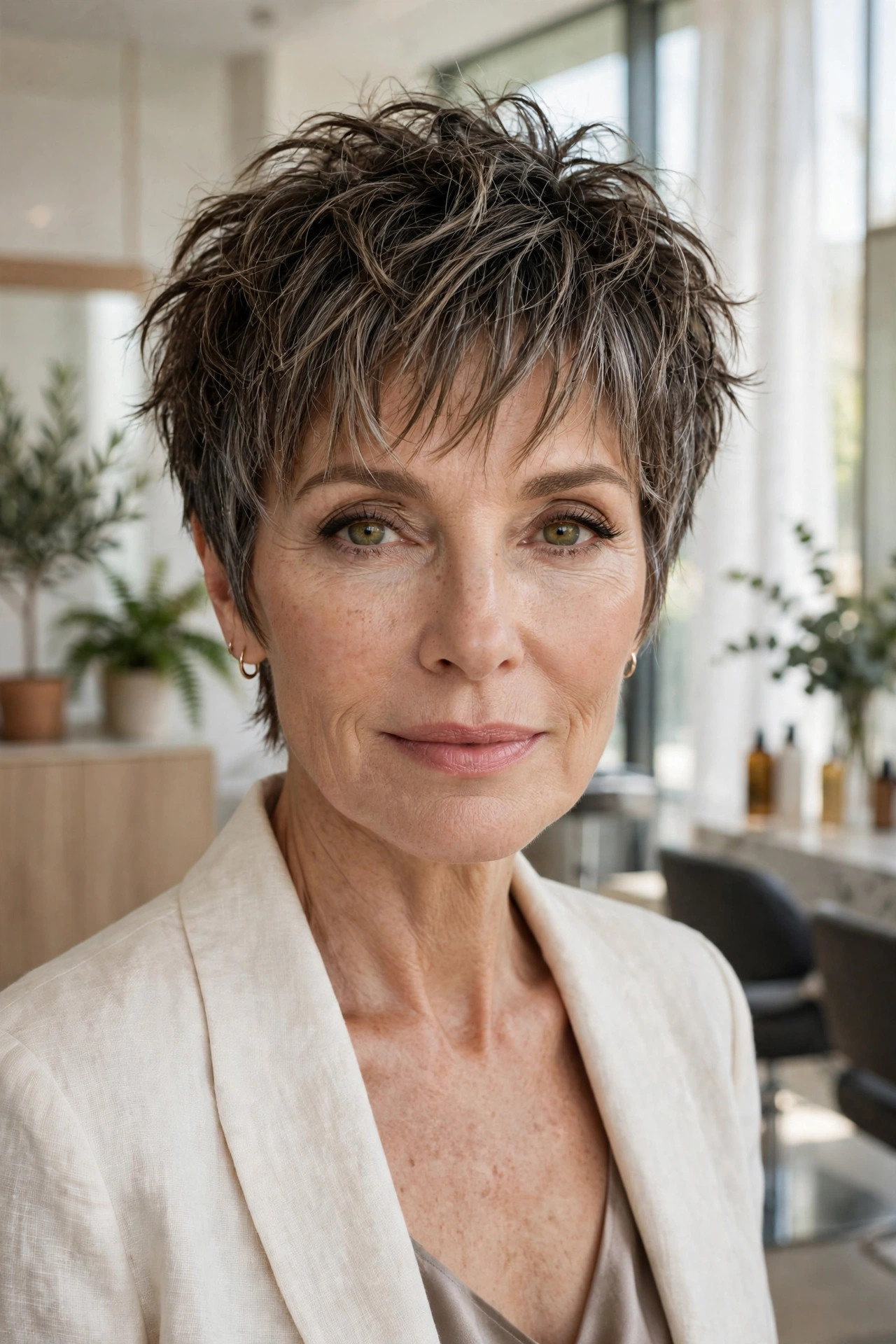 Elegant woman in her 50s with choppy bixie and razored fringe