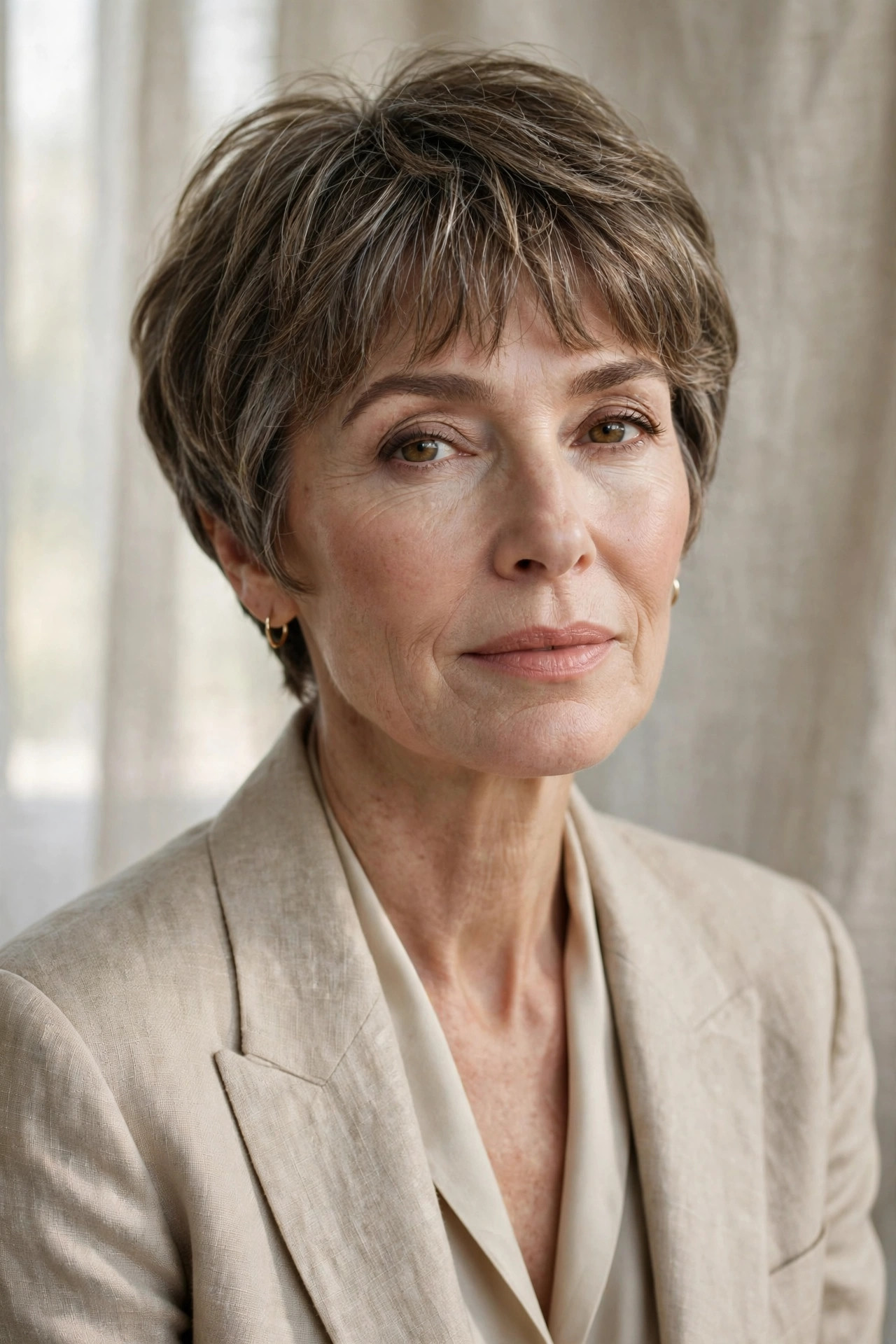 Elegant woman in her 50s with soft pixie and brow-skimming bangs