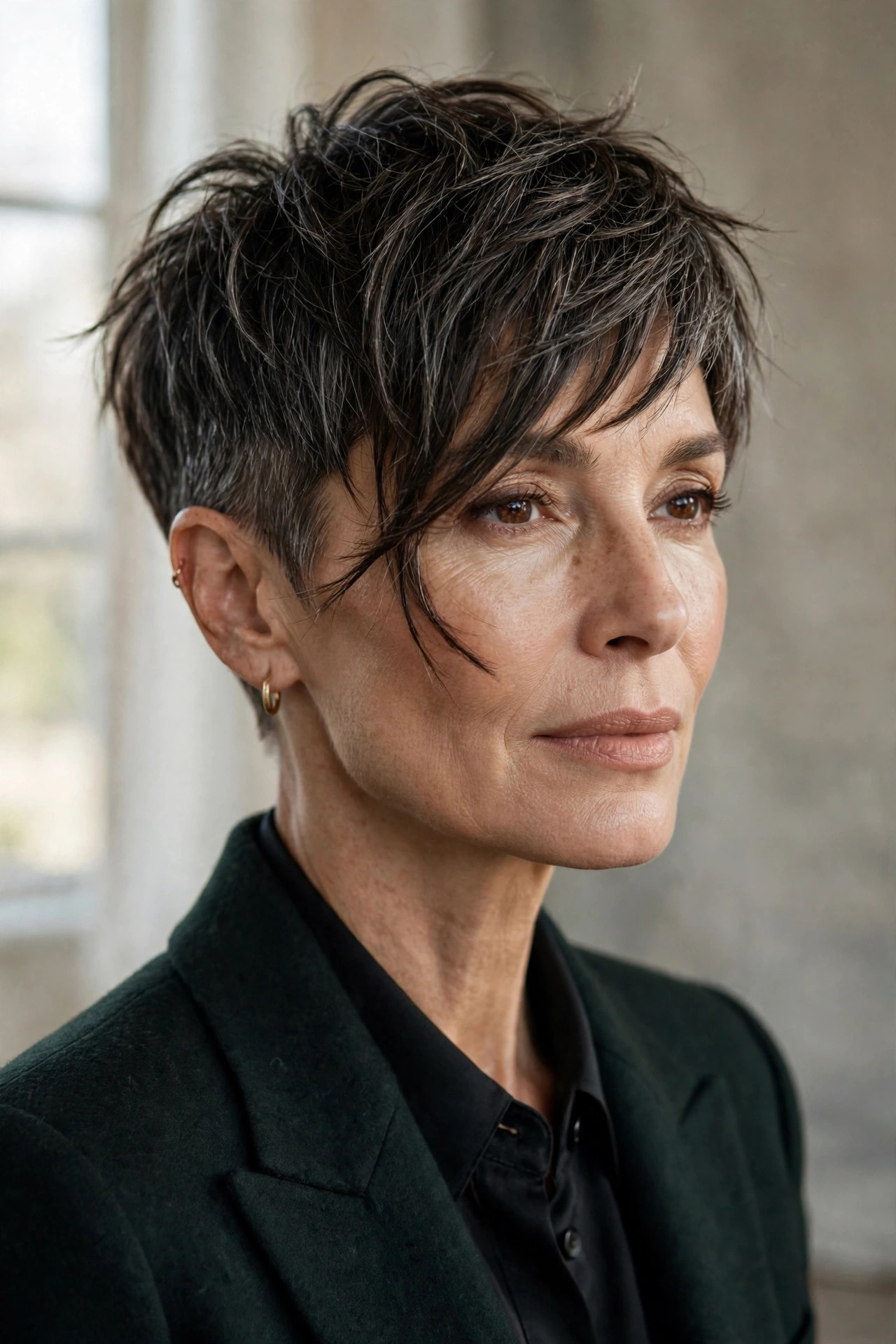 Elegant woman in her 50s with edgy pixie and disconnected fringe