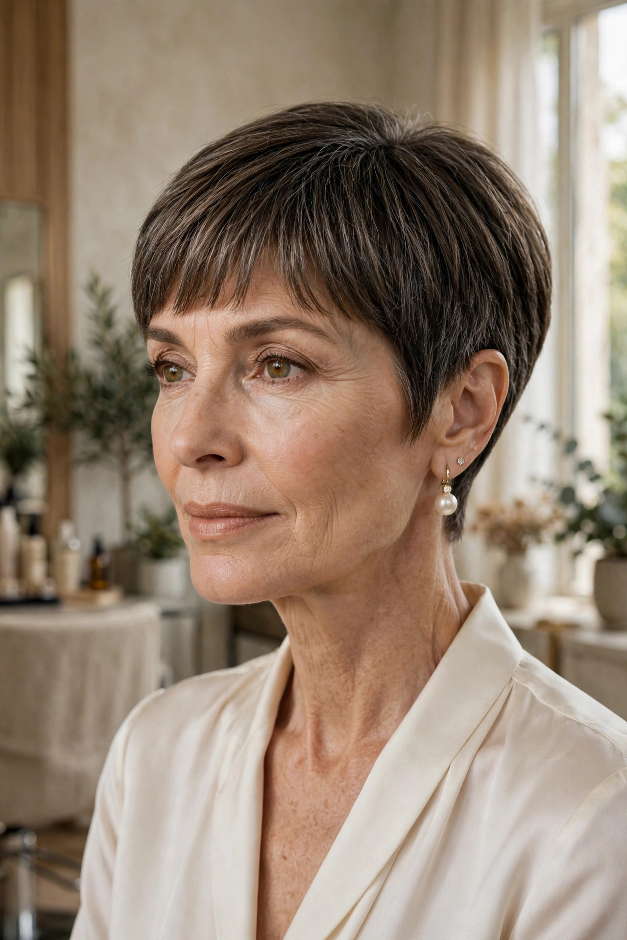 Elegant woman in her 50s with classic pixie and full soft fringe