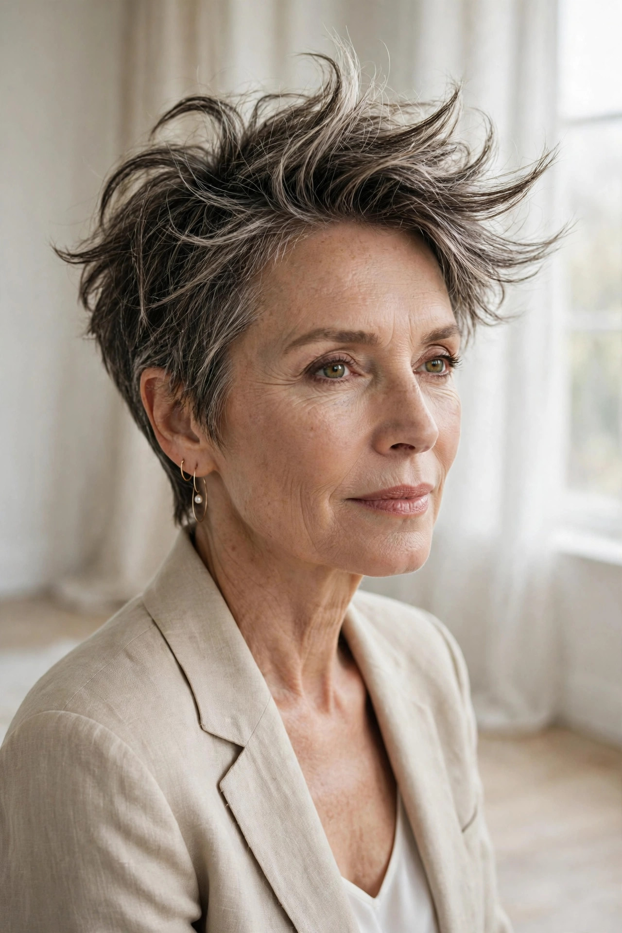 Elegant woman in her 50s with windswept pixie and lifted bangs