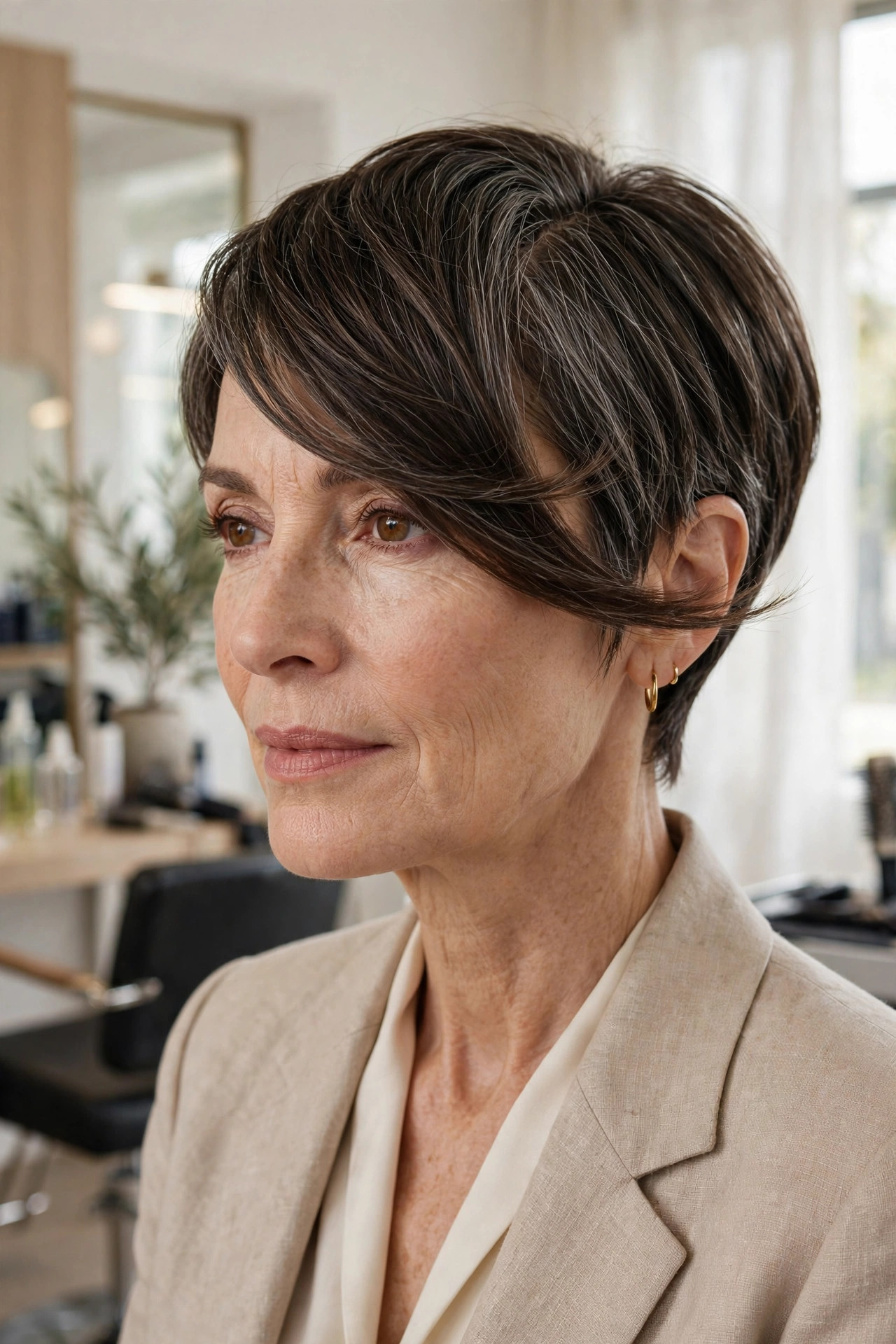 Elegant woman in her 50s with pixie and long swooping fringe