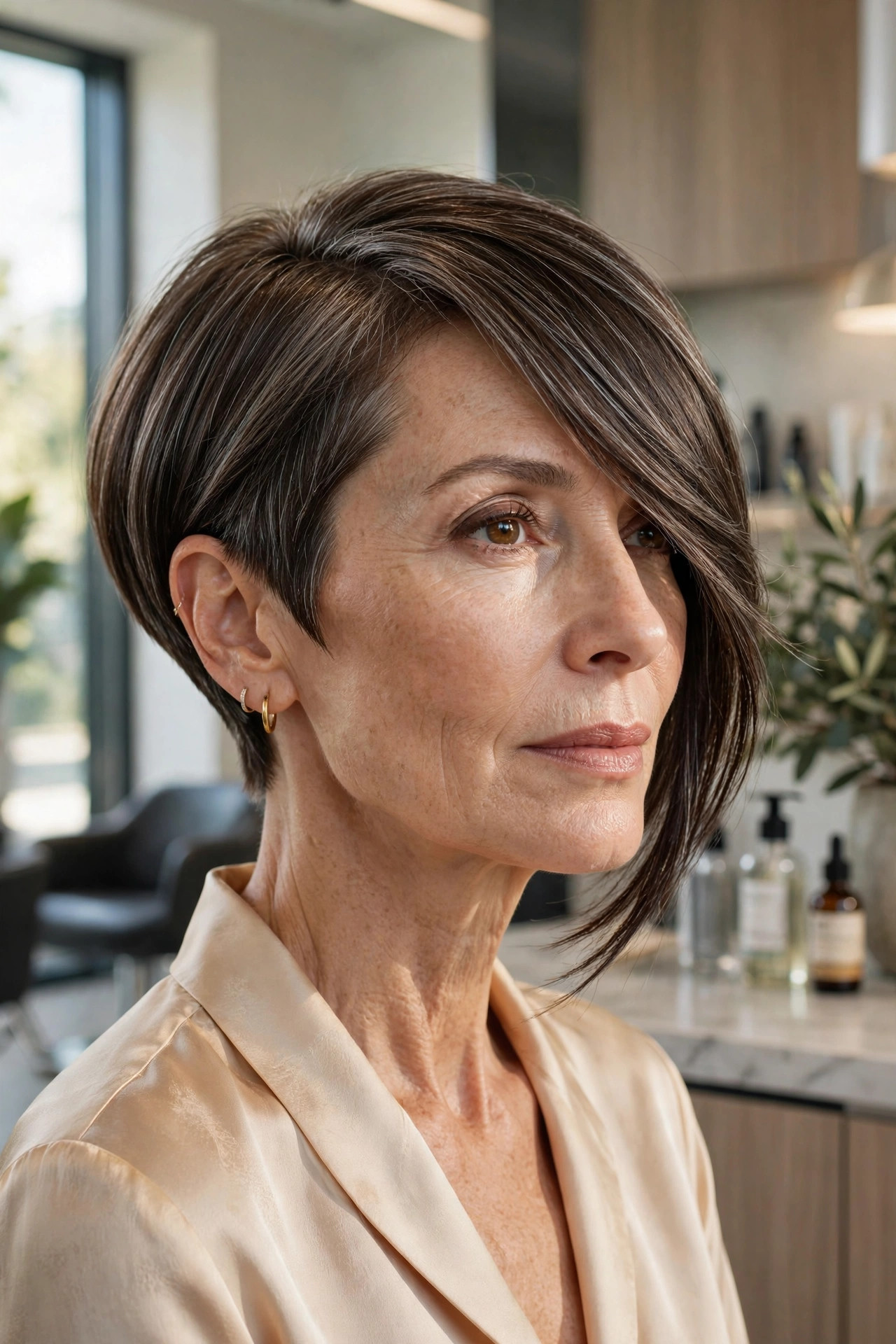 Elegant woman in her 50s with asymmetric bob and side fringe