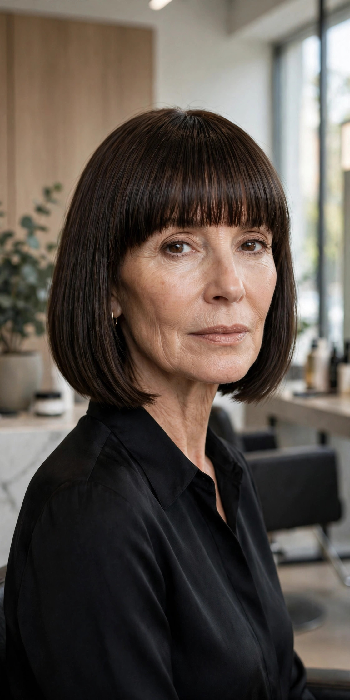 Elegant woman in her 50s with blunt chin bob and full eyebrow bangs