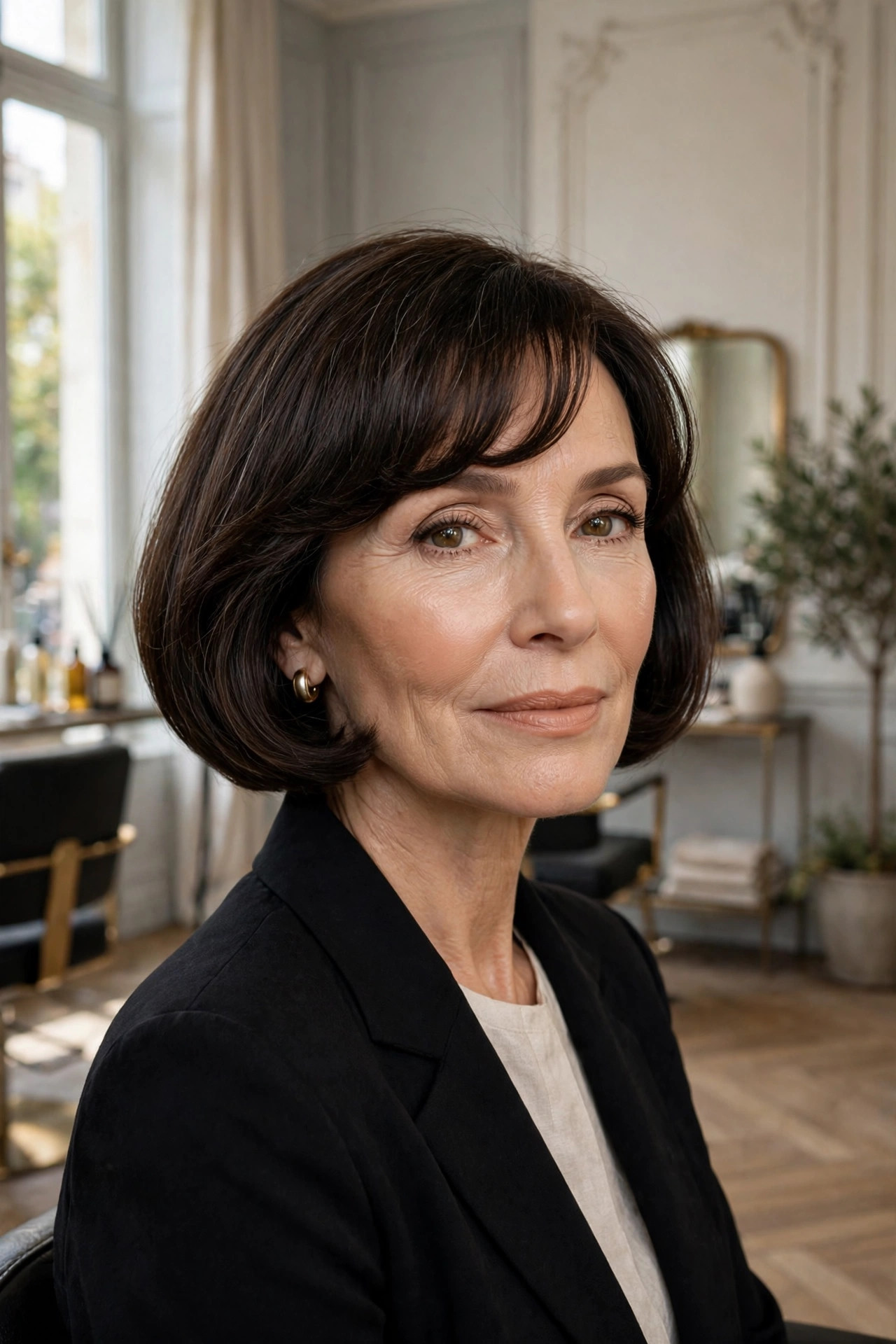 Elegant woman in her 50s with French bob and soft rounded bangs