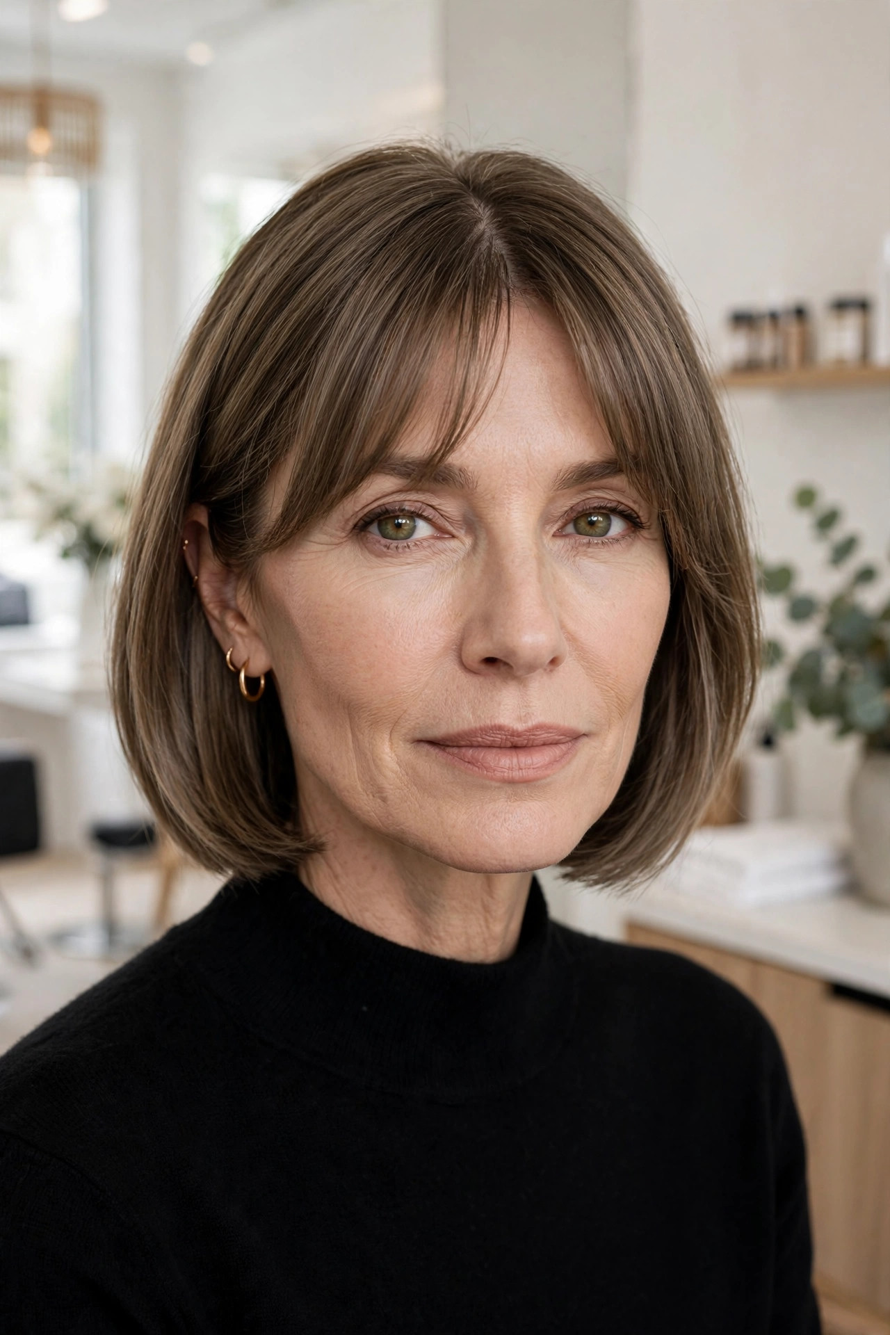 Elegant woman in her 50s with jaw bob and center-part fringe