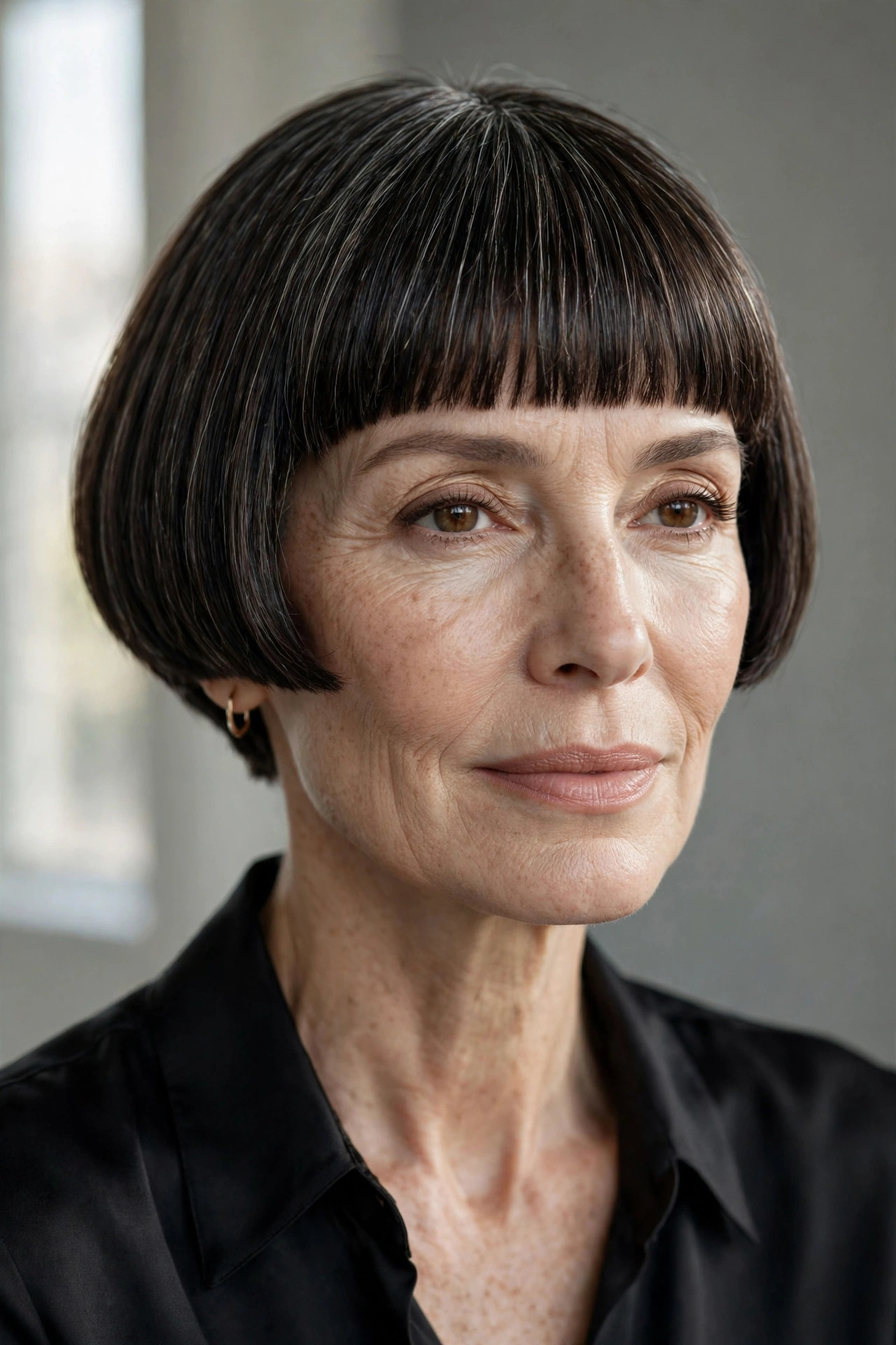 Elegant woman in her 50s with micro bob and cropped blunt fringe