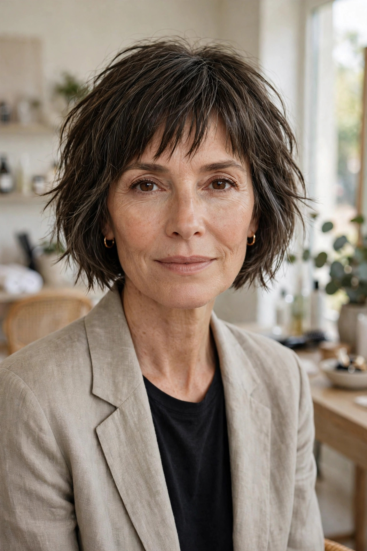 Elegant woman in her 50s with razored bob and uneven bangs