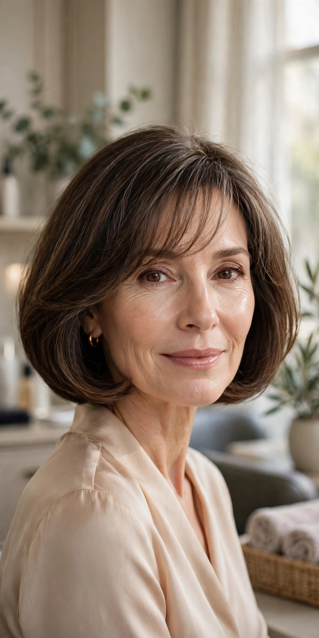 Elegant woman in her 50s with rounded bob and sheer airy bangs