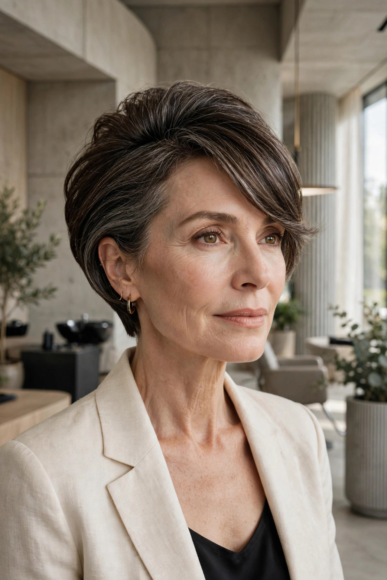 Elegant woman in her 50s with stacked bob and diagonal fringe
