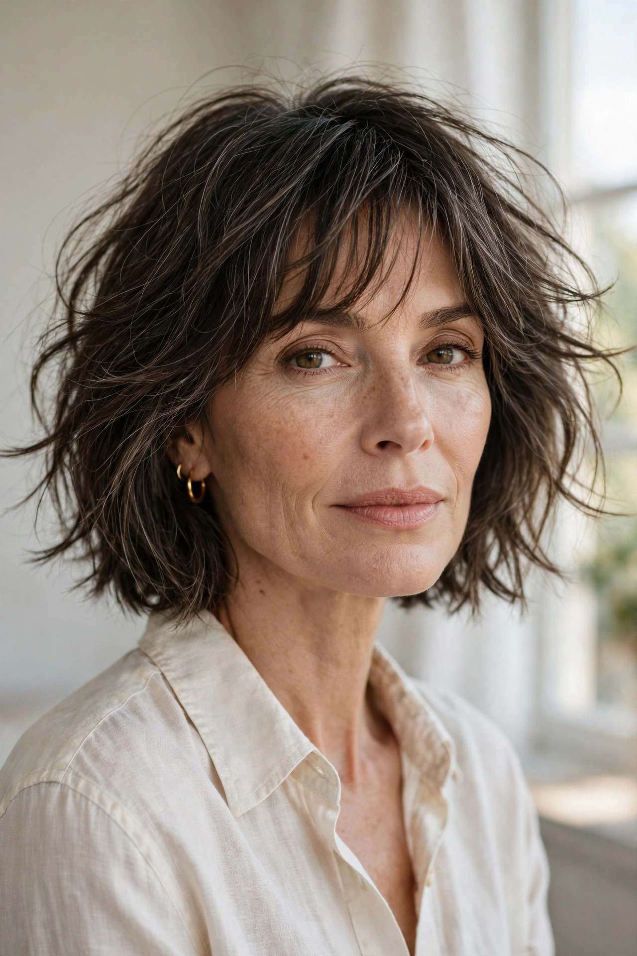 Elegant woman in her 50s with tousled bob and wispy bangs