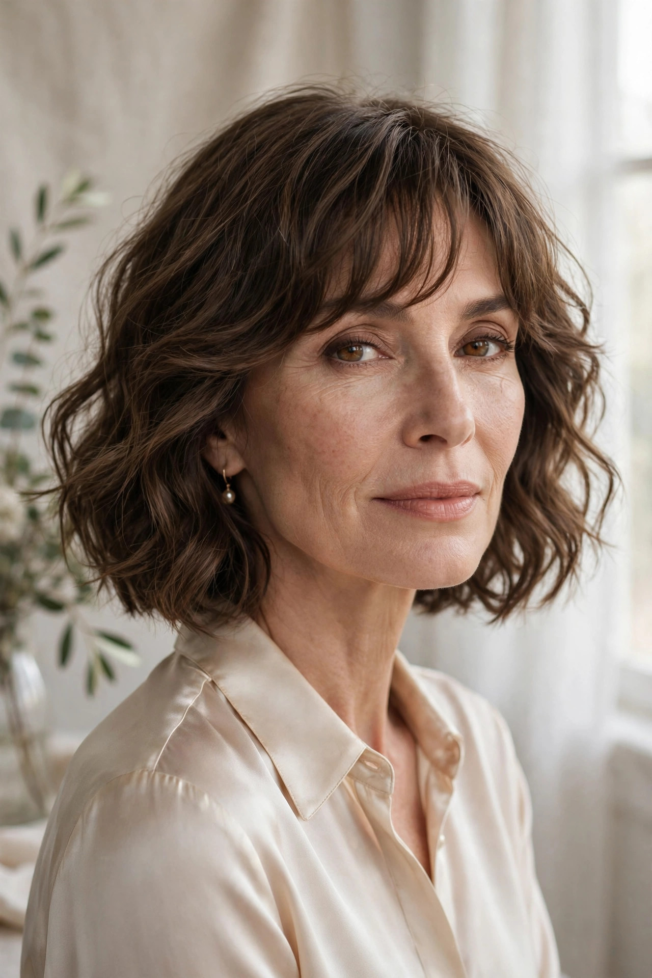 Elegant woman in her 50s with wavy chin bob and brow-grazing bangs