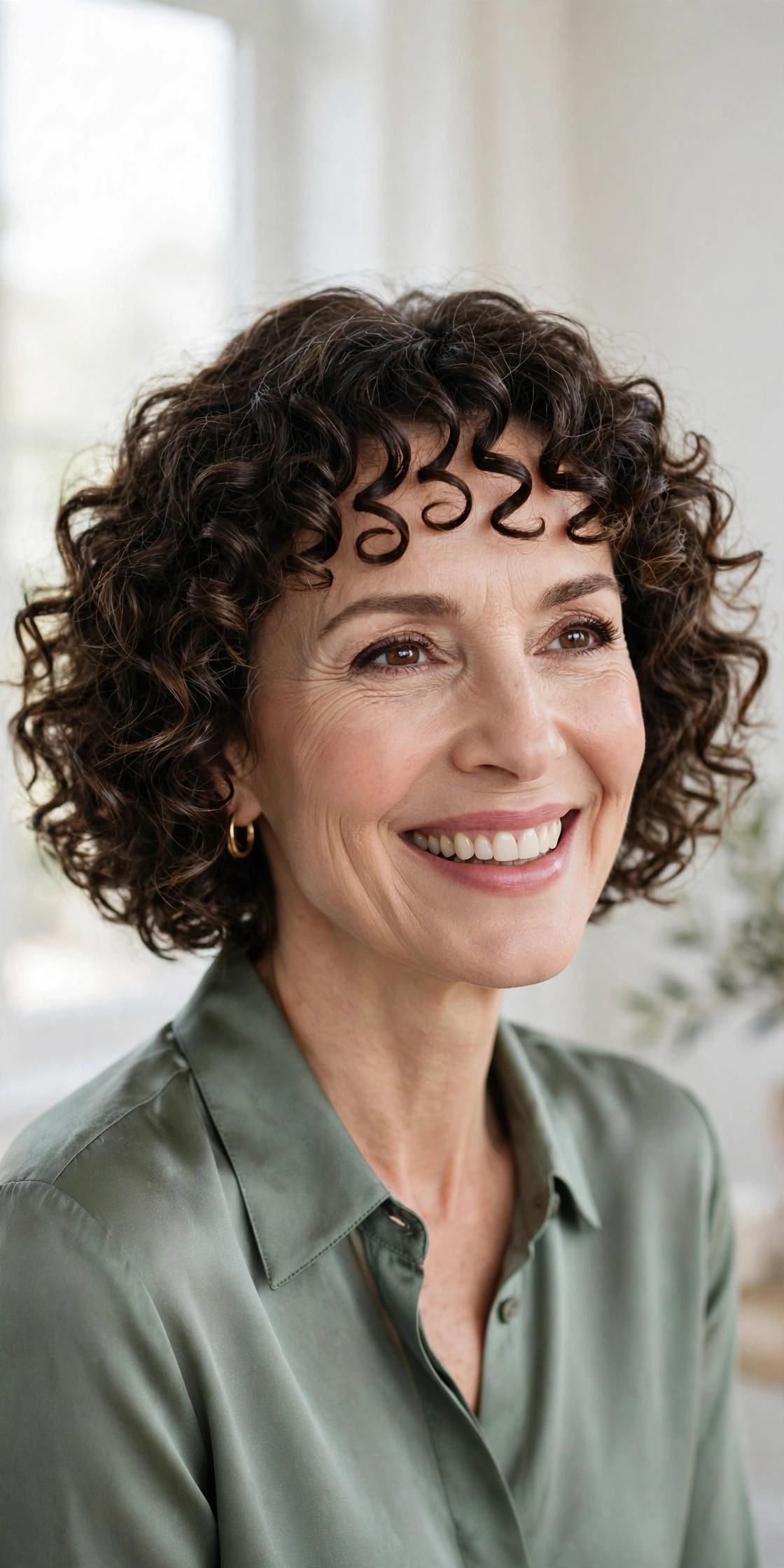 Elegant woman in her 50s with curly chin bob and ringlet fringe