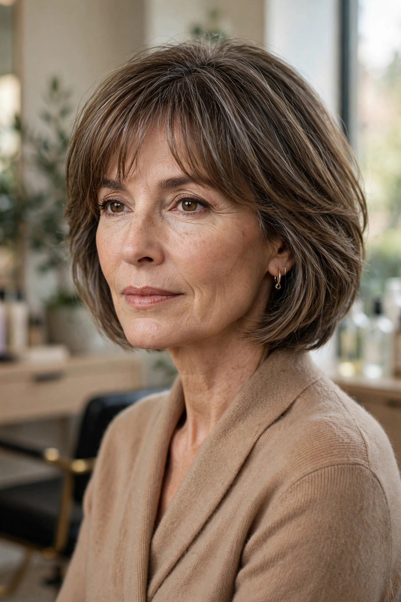 Elegant woman in her 50s with layered bob and soft brow bangs