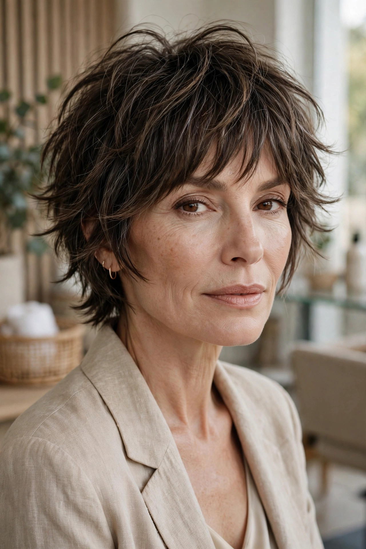 Elegant woman in her 50s with shaggy bixie and feathered bangs