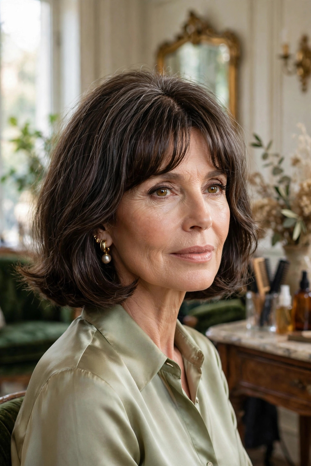 Elegant woman in her 50s with Bardot-inspired bob and parted fringe