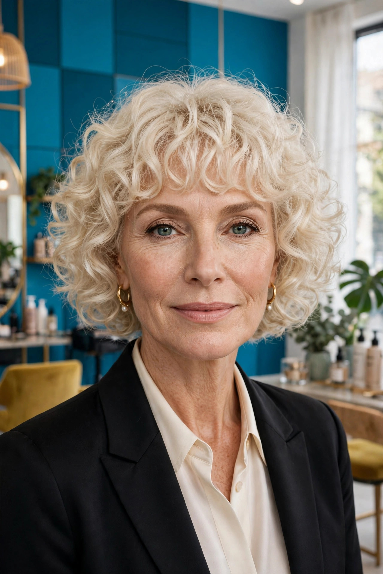 Elegant woman in her 50s with platinum curly bob and fluffy bangs