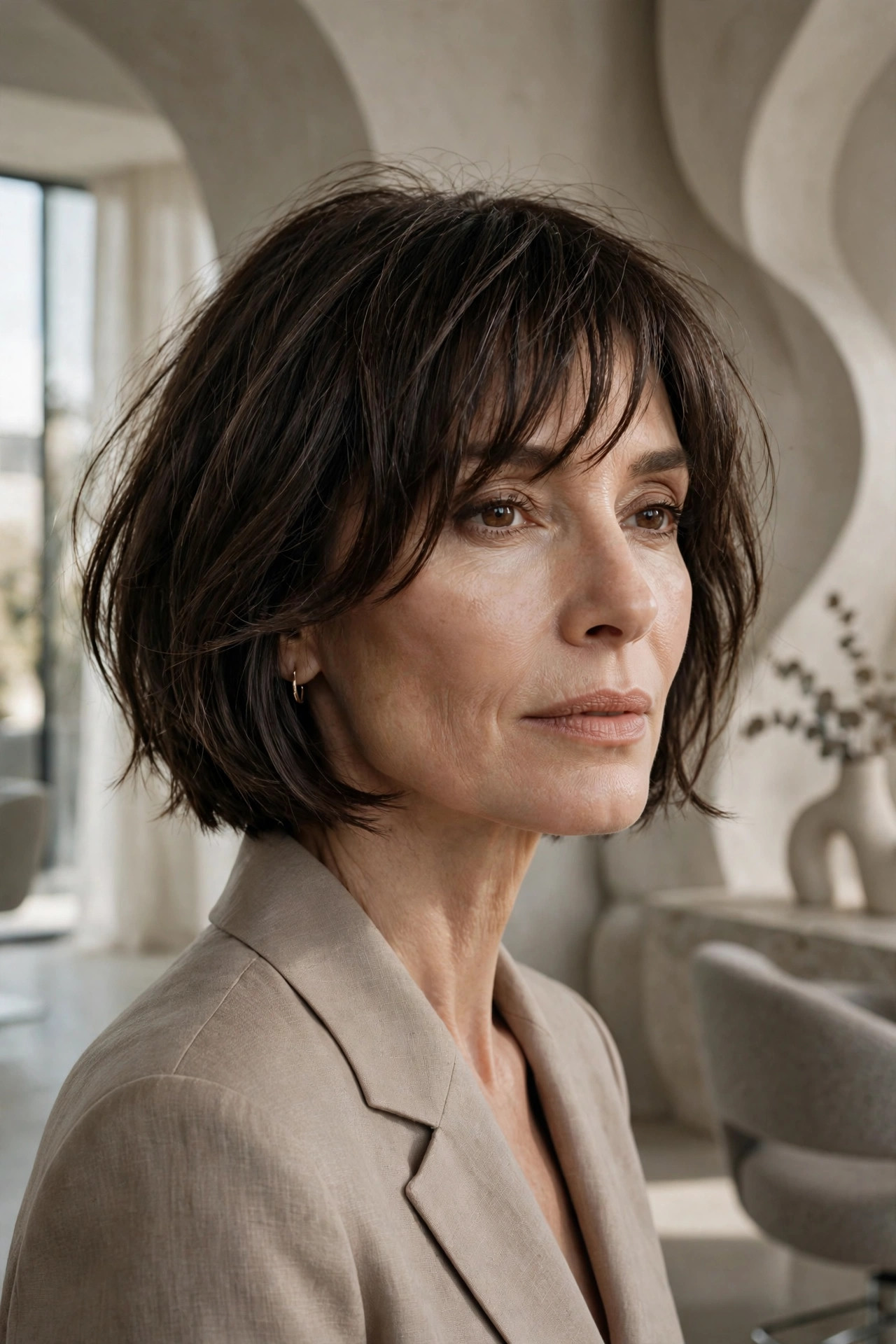 Elegant woman in her 50s with cheekbone bob and piecey bangs