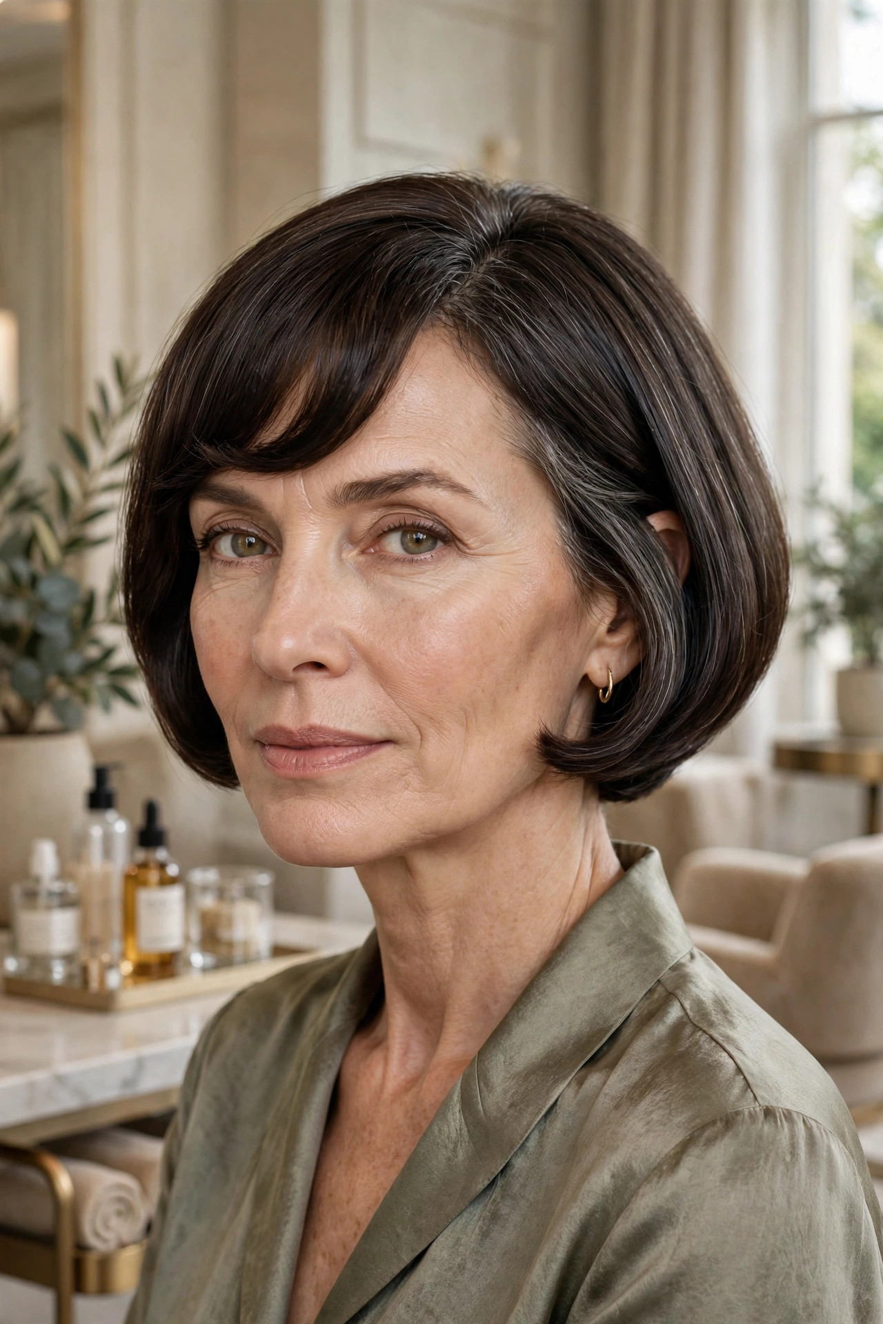 Elegant woman in her 50s with beveled bob and curved-under fringe