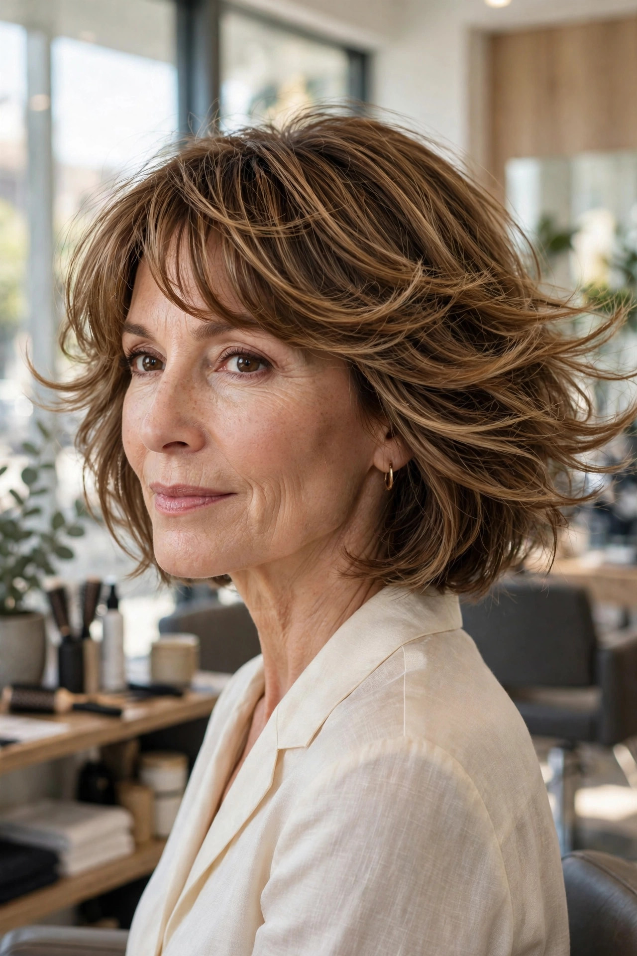 Elegant woman in her 50s with swing bob and bouncy fringe