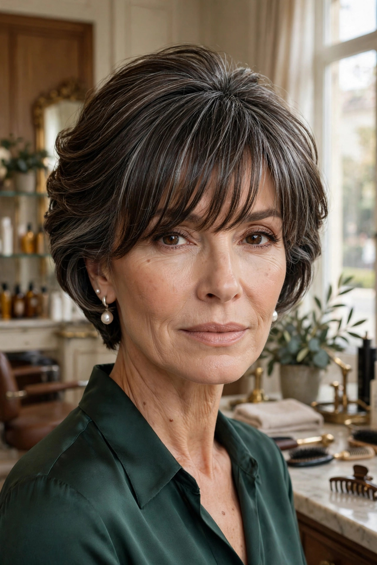 Elegant woman in her 50s with graduated bob and forward fringe