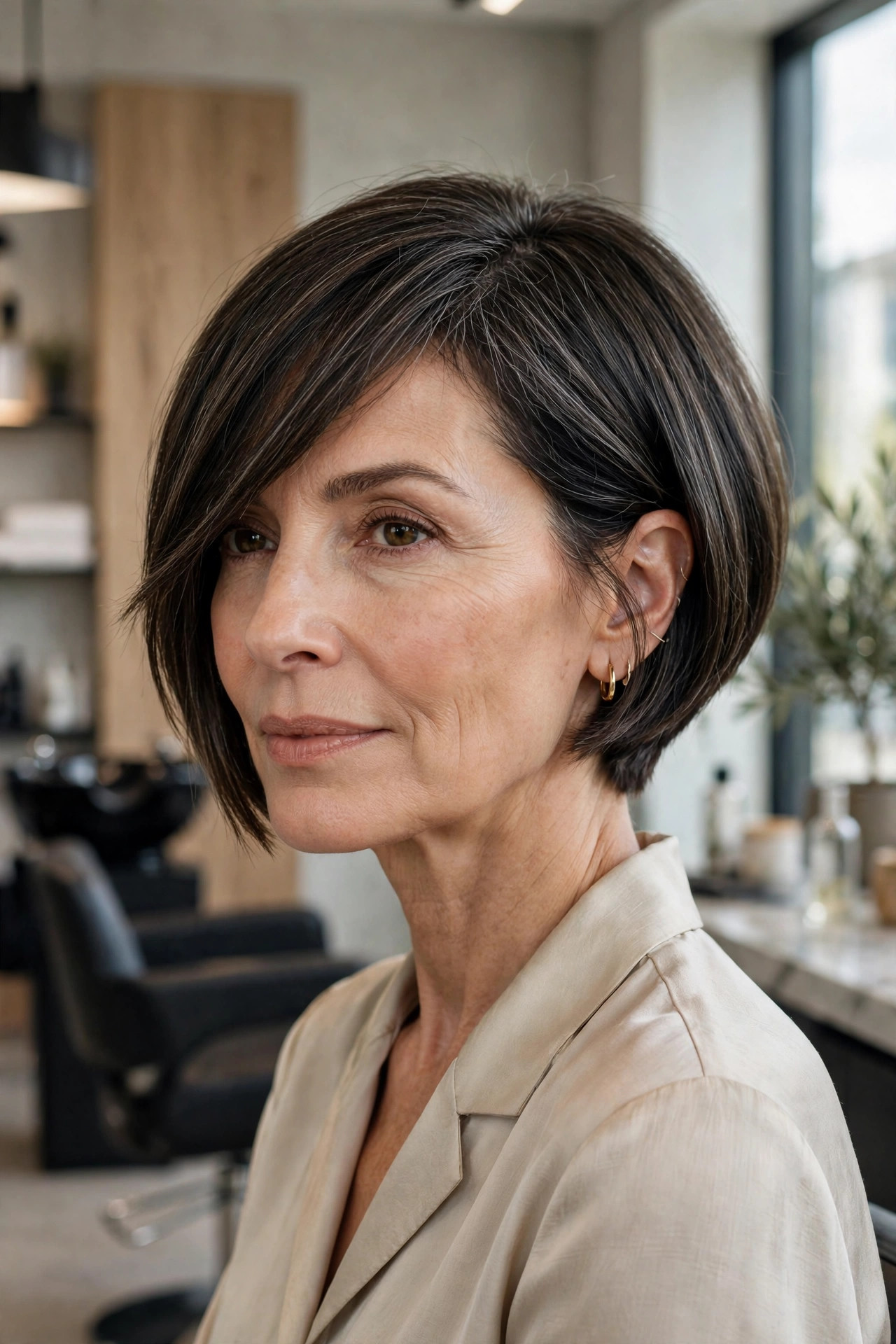Elegant woman in her 50s with A-line micro bob and angled bangs
