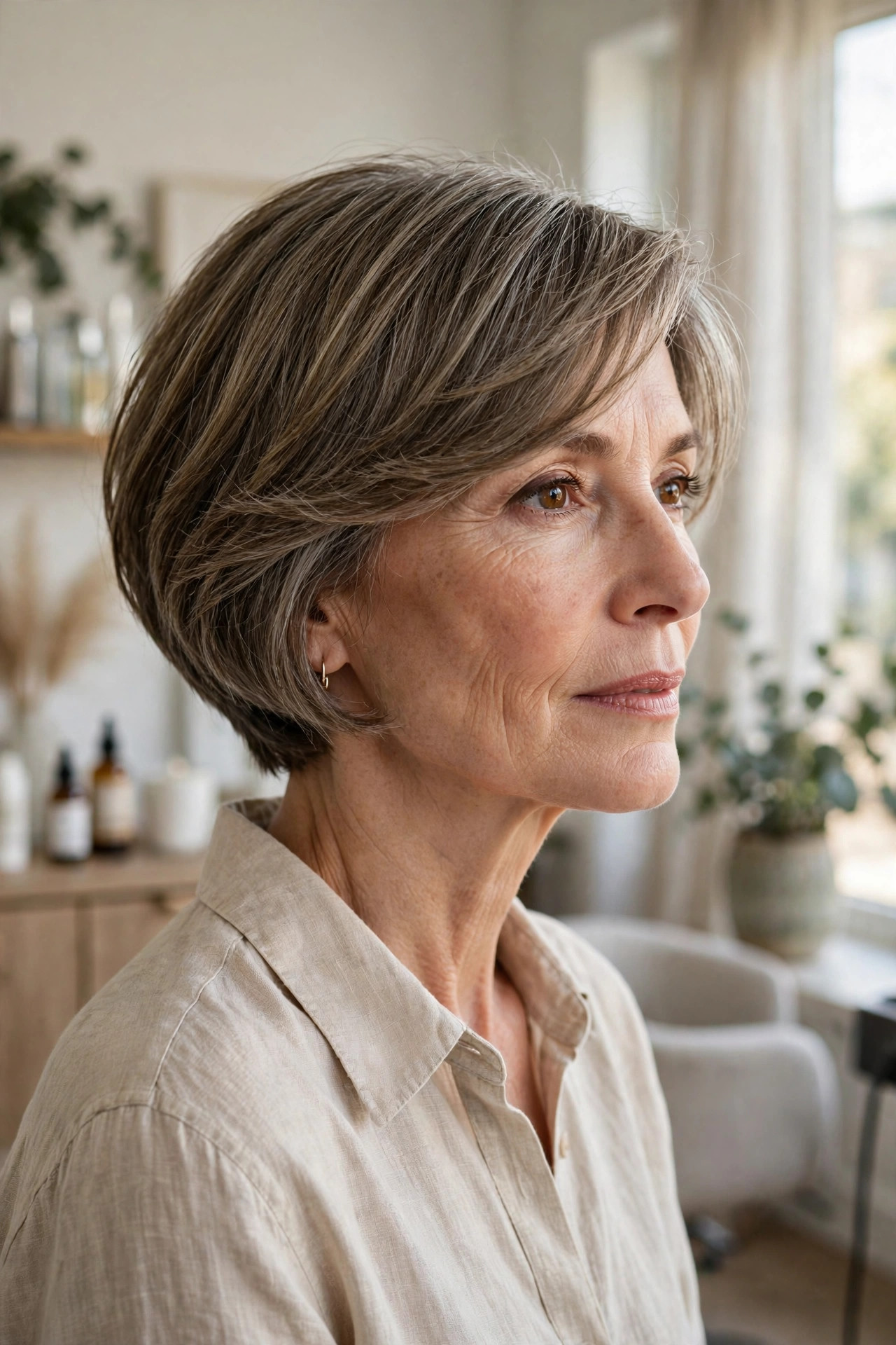 Elegant woman in her 50s with cropped bob and side-parted fringe