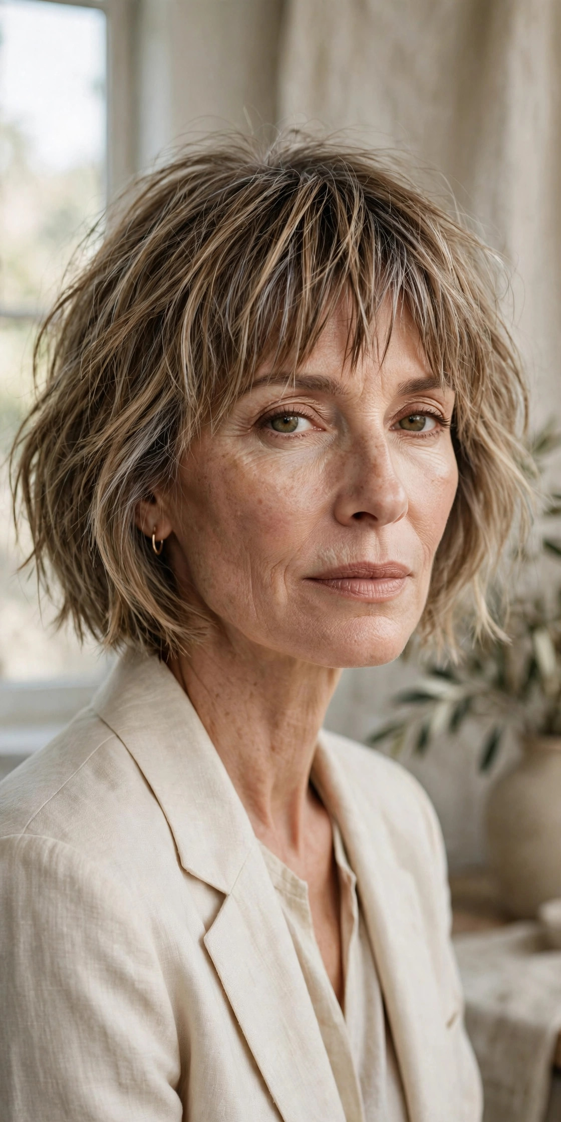 Elegant woman in her 50s with textured bob and broken fringe