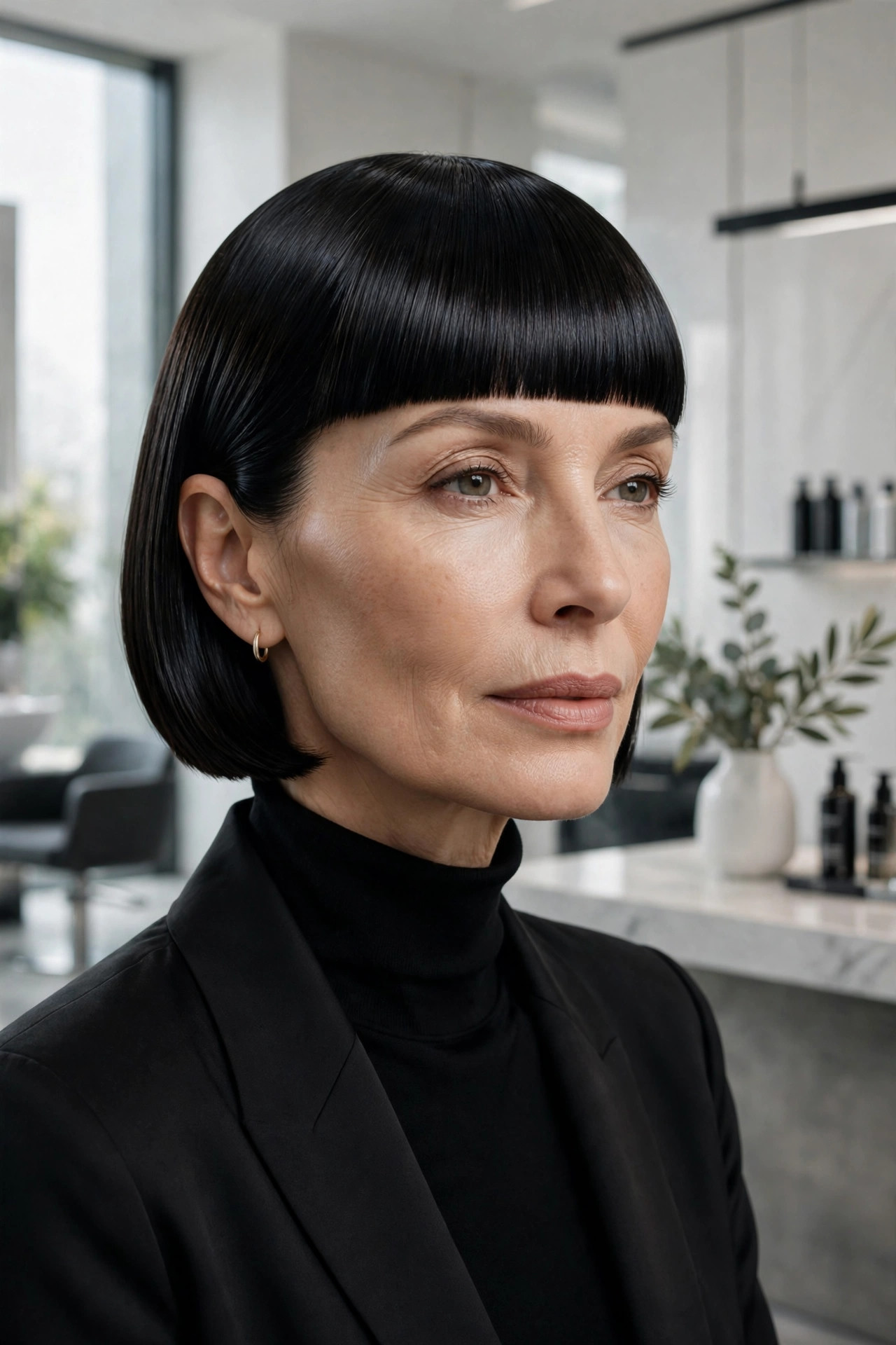 Elegant woman in her 50s with sleek glass bob and sharp fringe