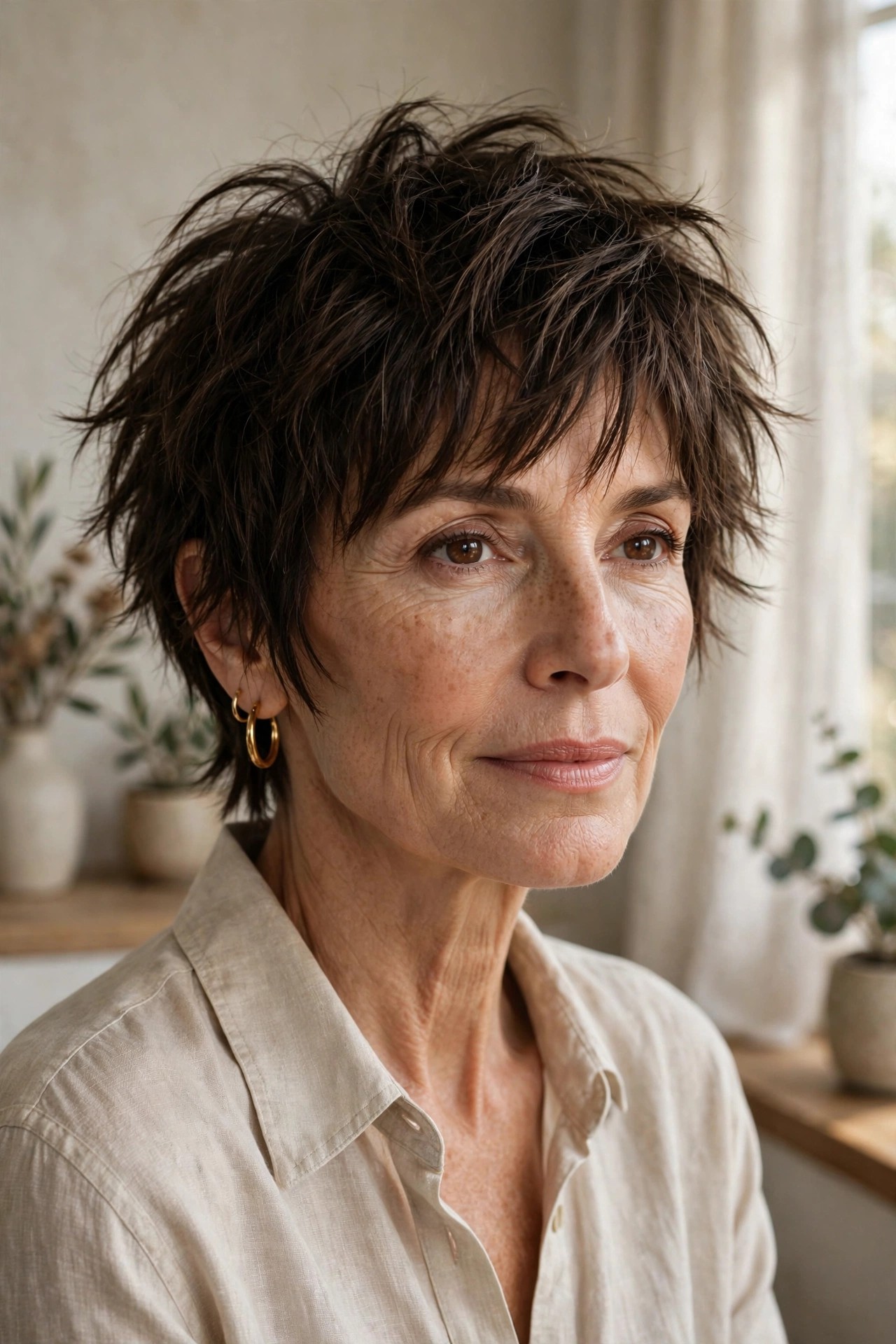 Woman in her 50s with a choppy shake-and-go shaggy pixie