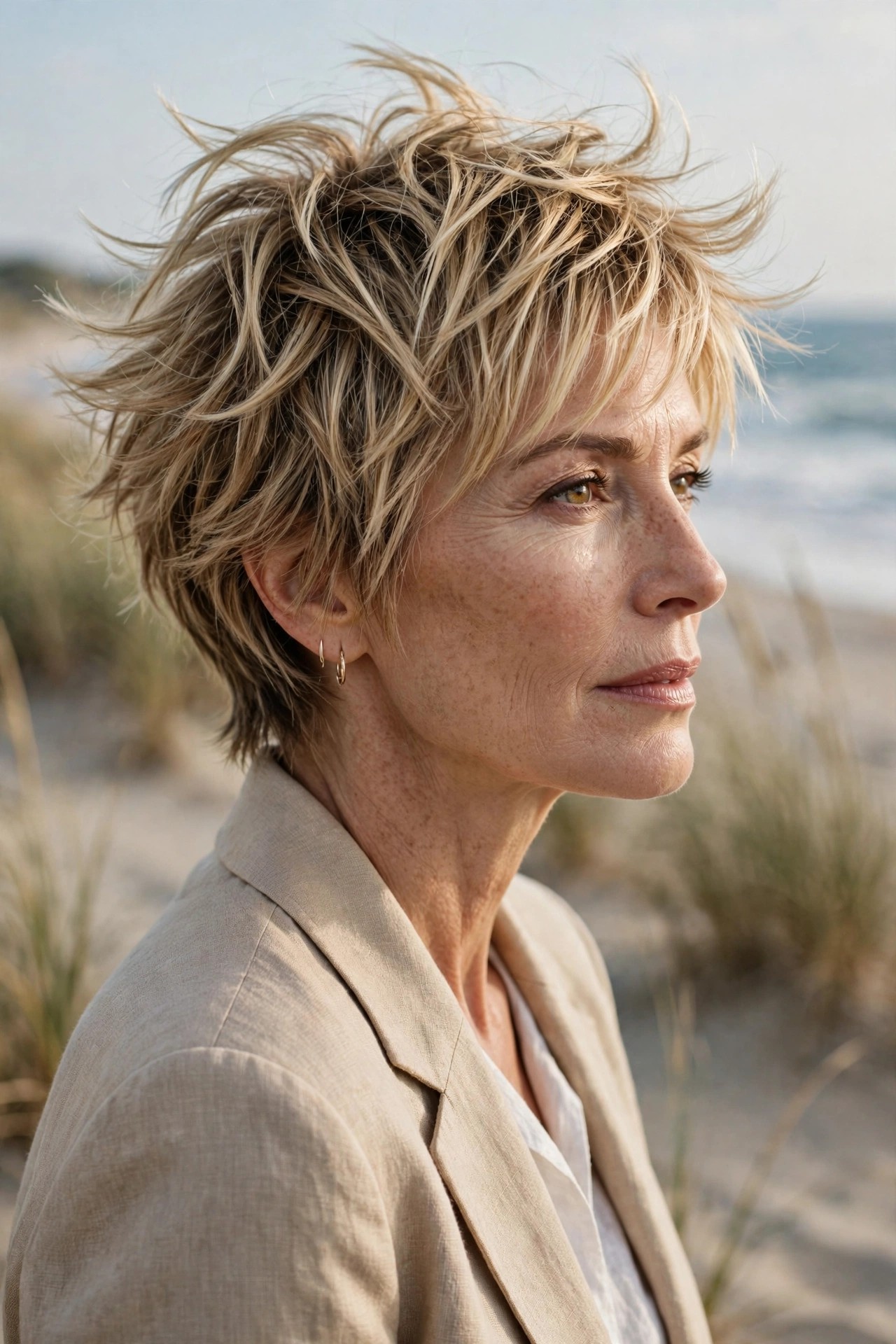 Woman in her 50s with a beachy shaggy pixie