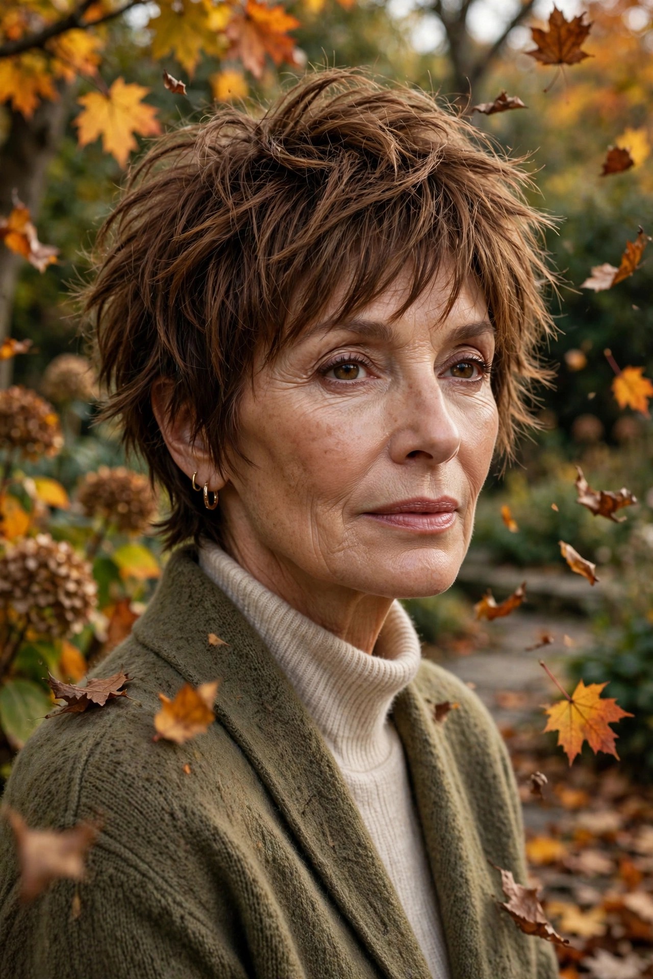 Woman in her 60s with a tousled autumn shaggy pixie
