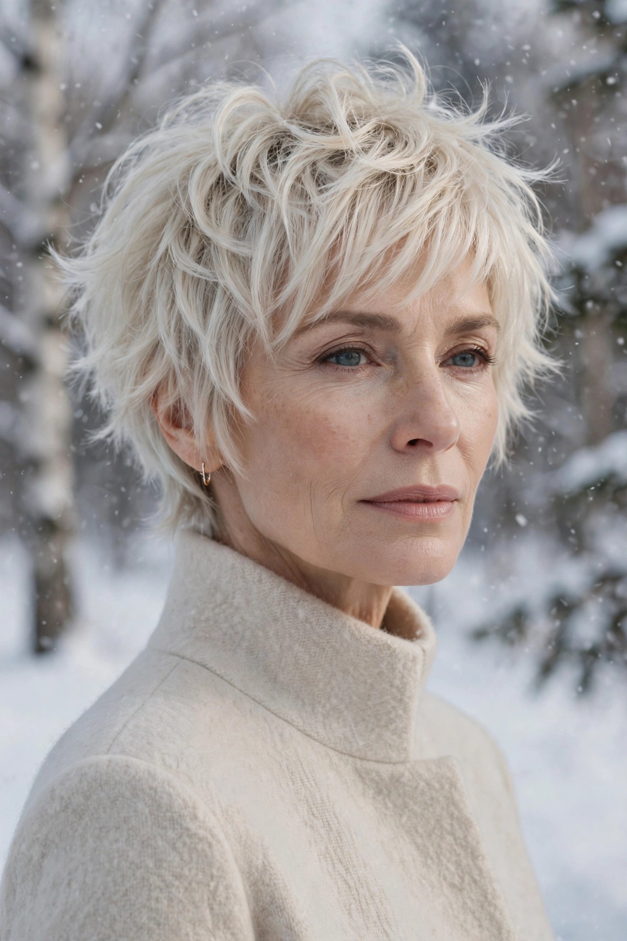 Woman in her 50s with a wispy winter shaggy pixie
