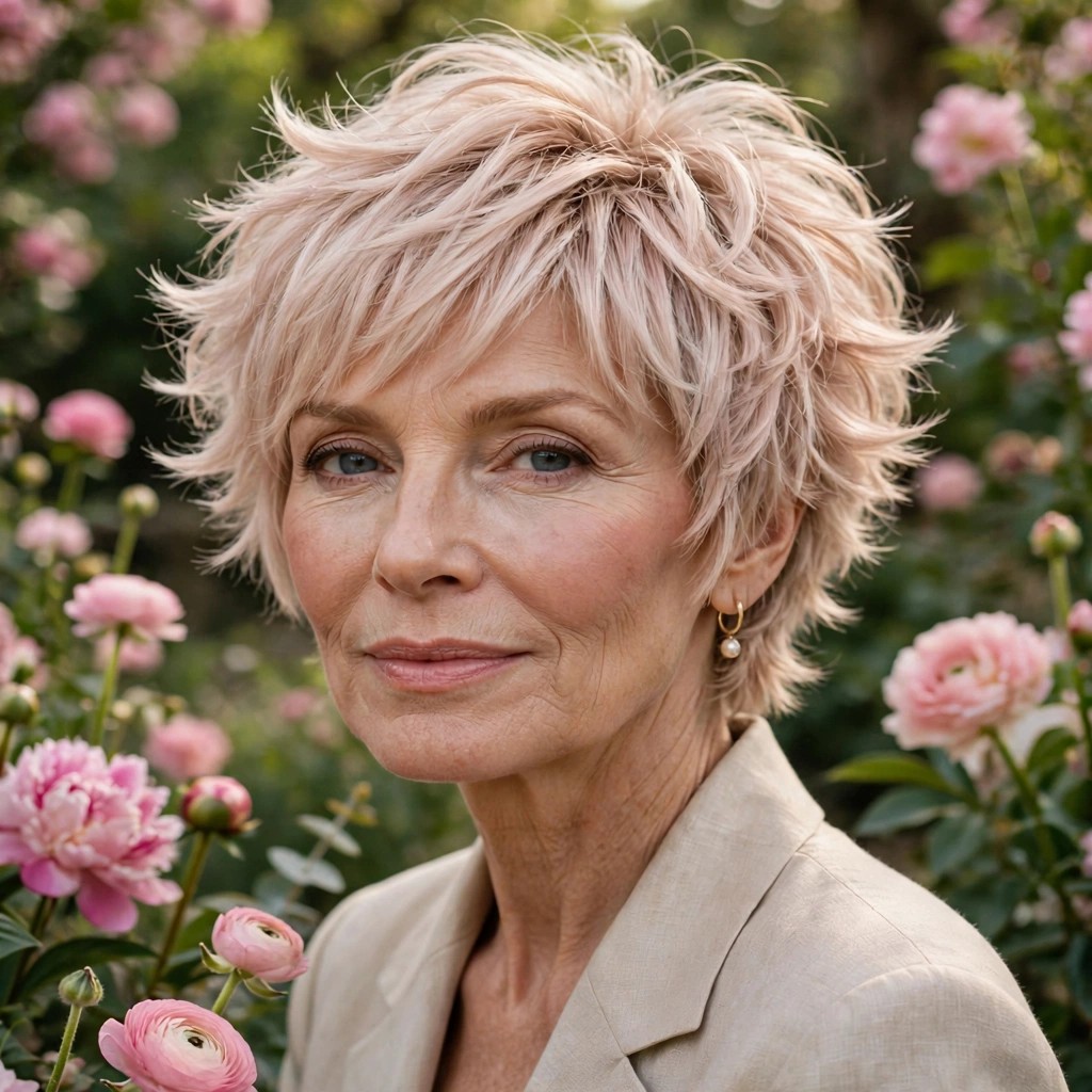 Woman in her 50s with a feathered bloom shaggy pixie