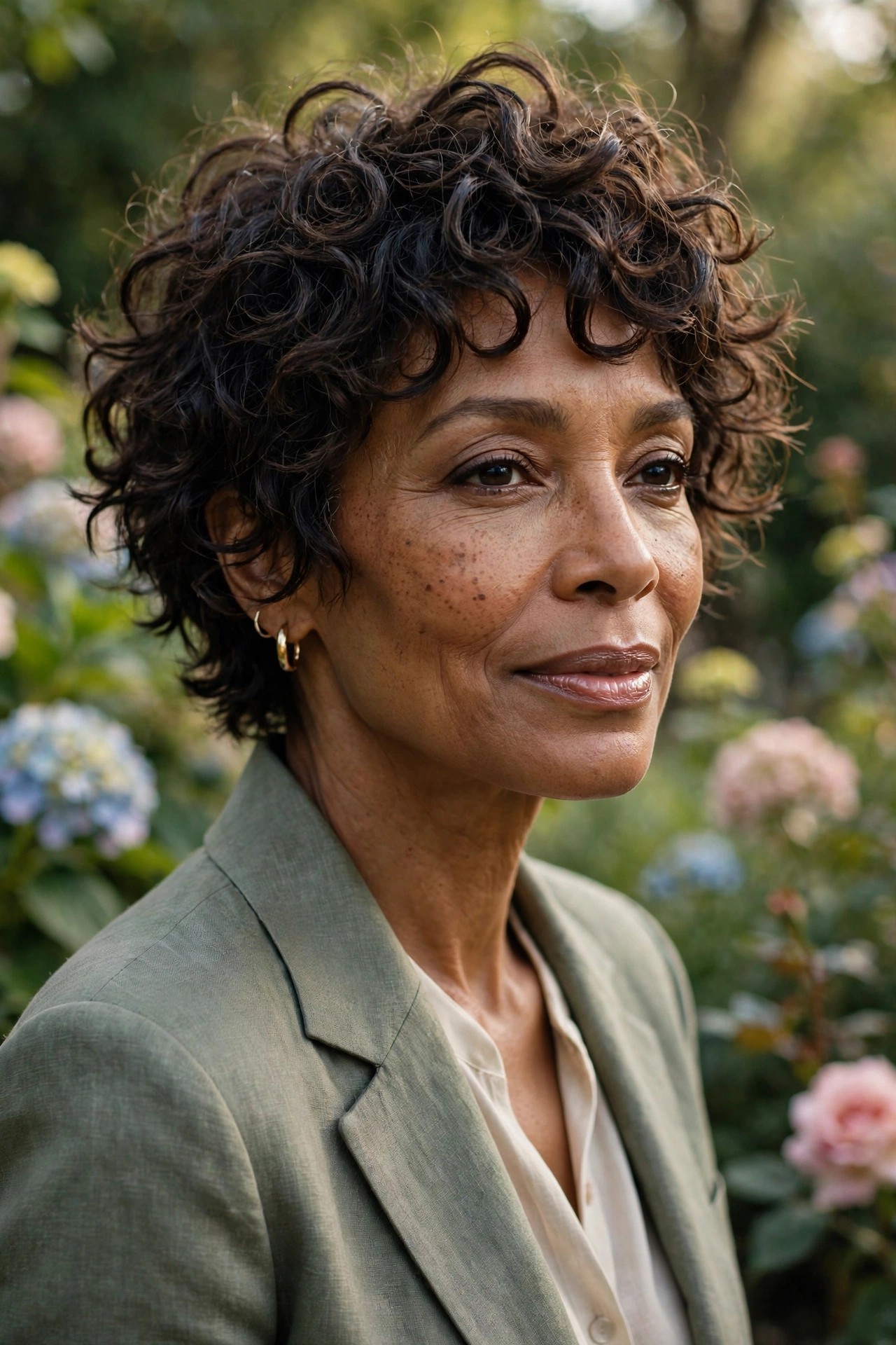 Black woman in her 50s with a spiral shaggy pixie