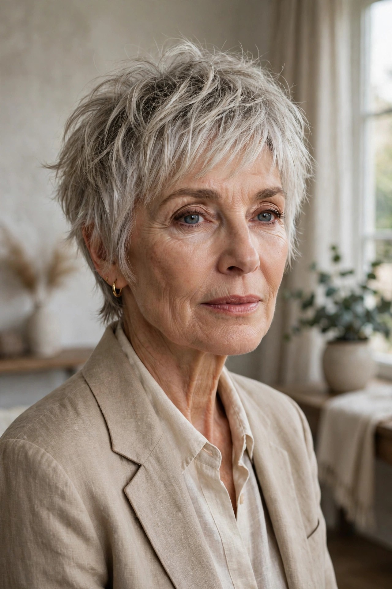 Woman in her 60s with an air-dried shaggy pixie