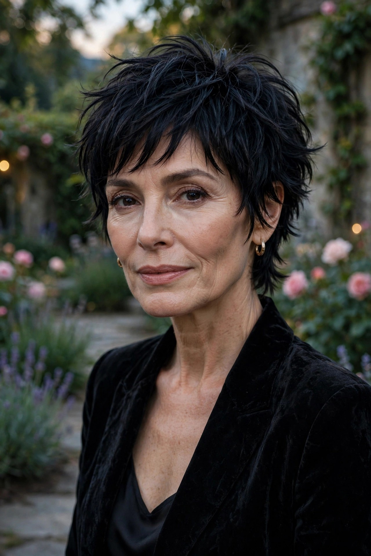 Woman in her 50s with a midnight black shaggy pixie