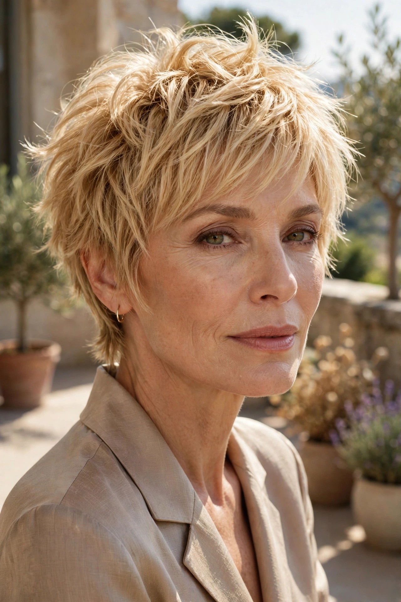 Woman in her 50s with a sunlit golden shaggy pixie